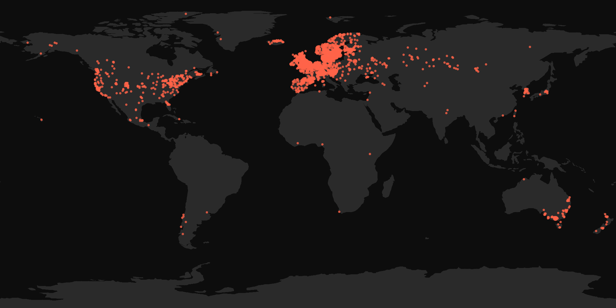 Global distribution map showing reported sightings