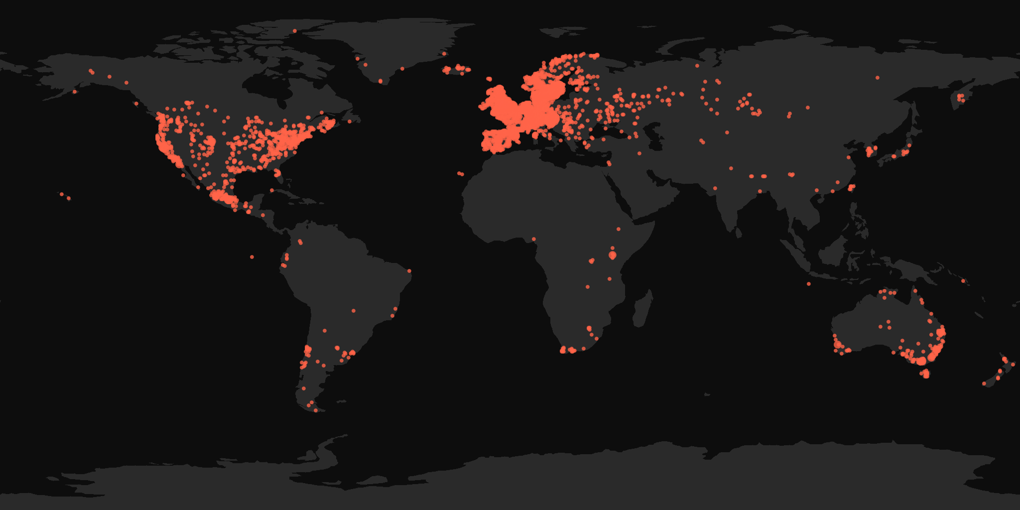 Global distribution map showing reported sightings