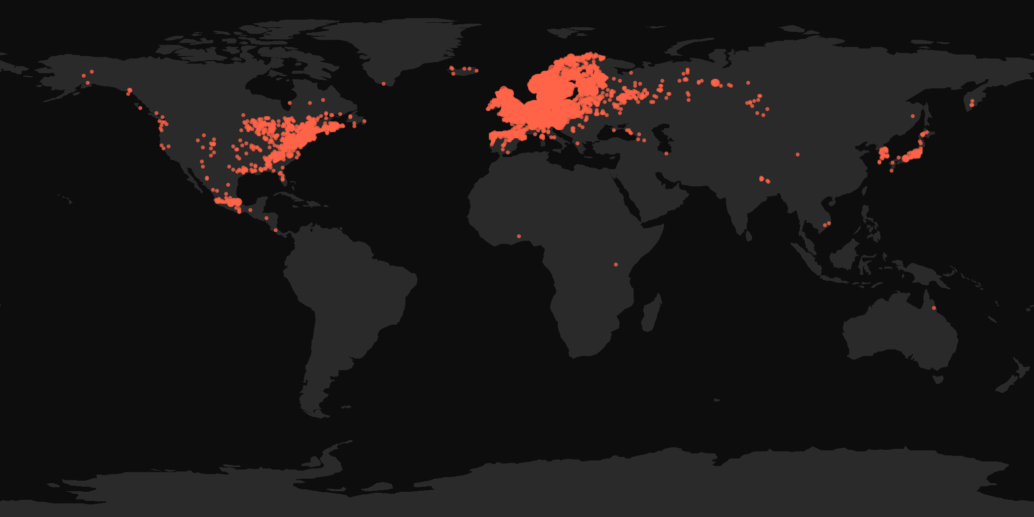 Global distribution map showing reported sightings