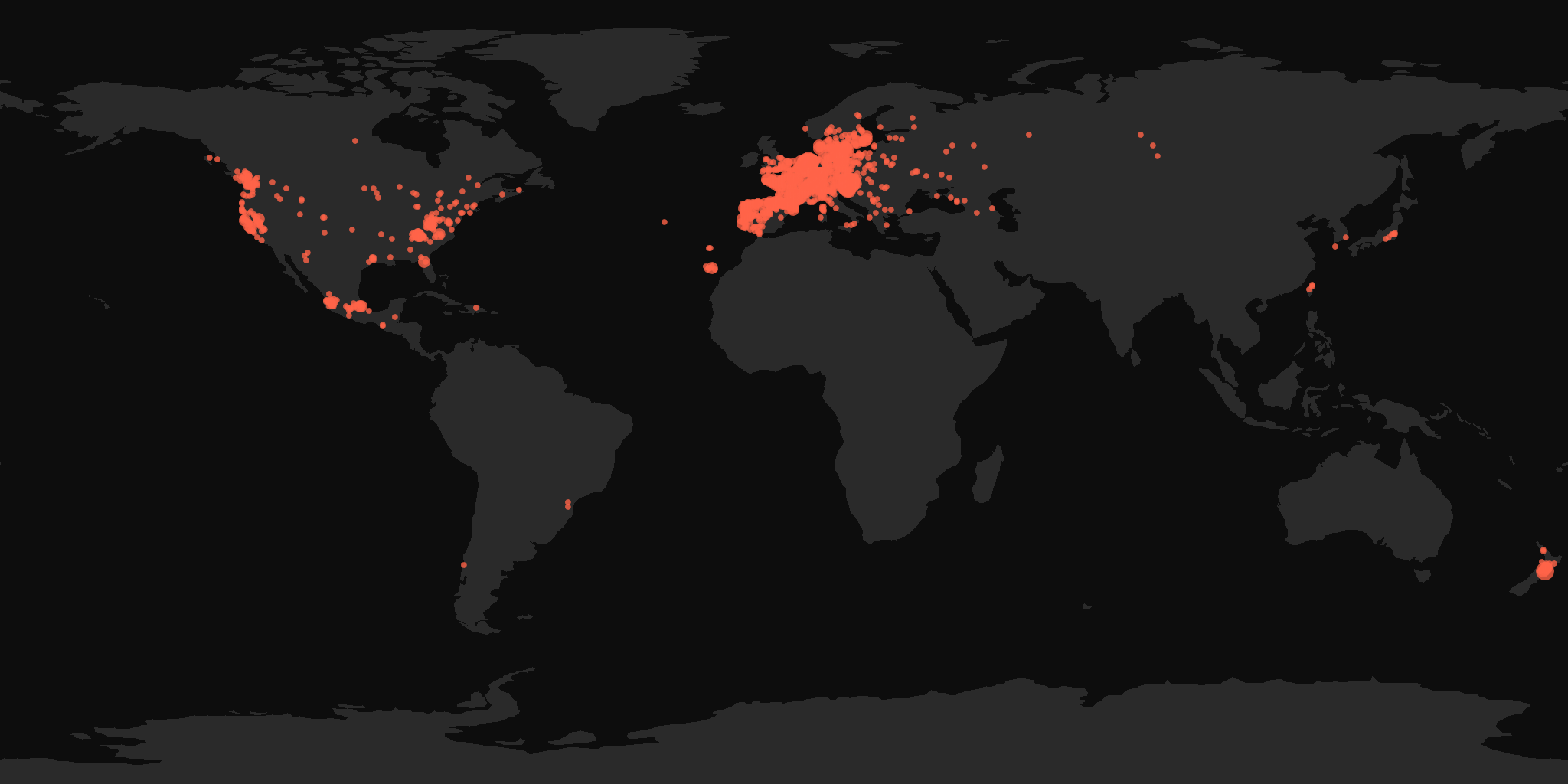 Global distribution map showing reported sightings