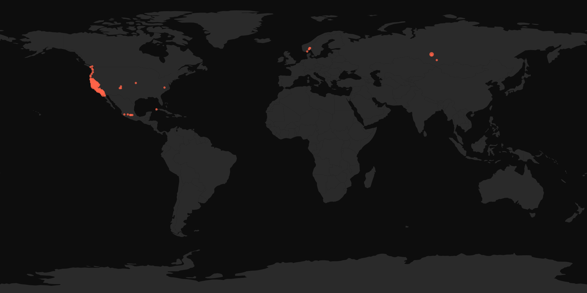 Global distribution map showing reported sightings