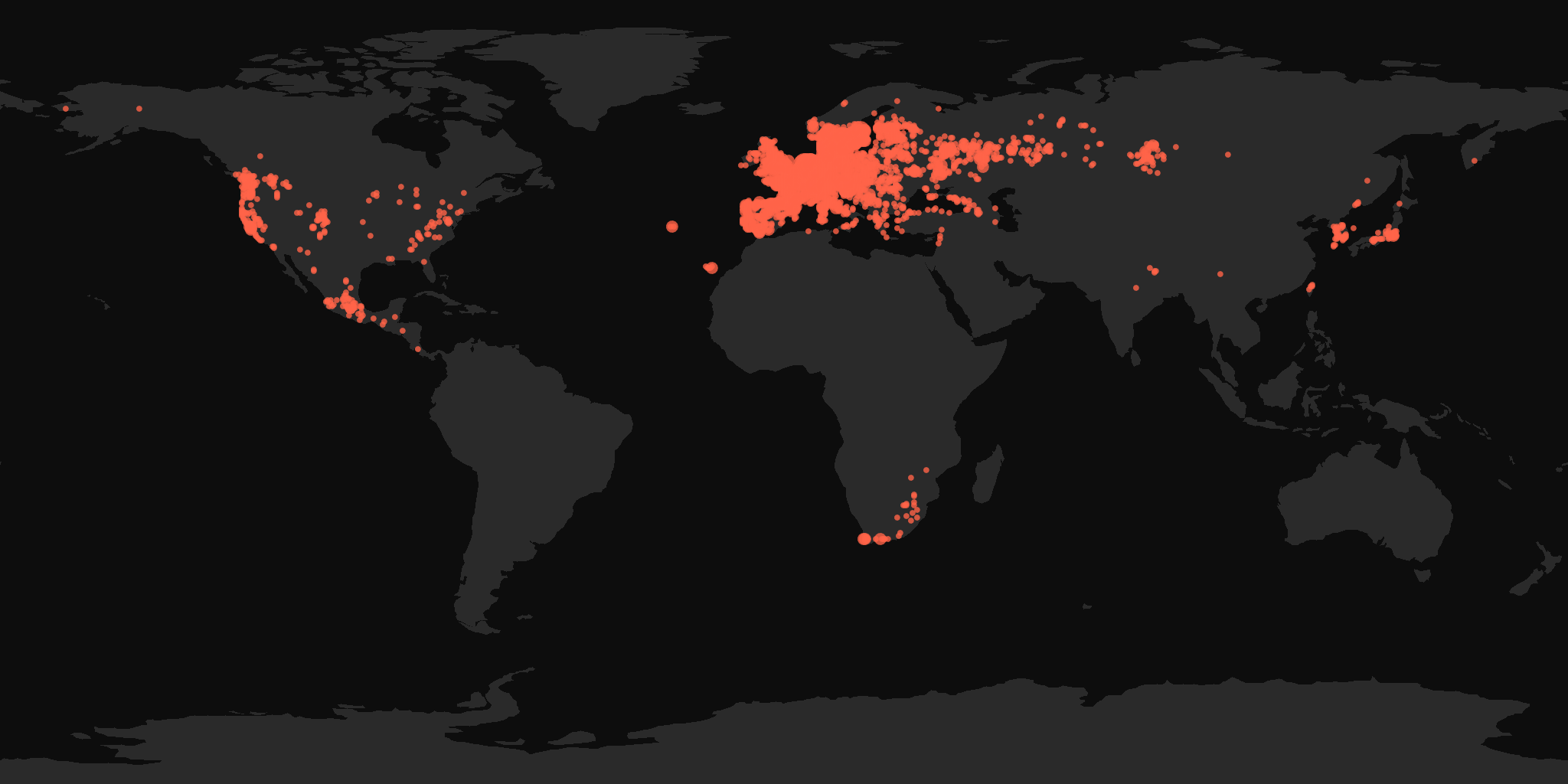 Global distribution map showing reported sightings