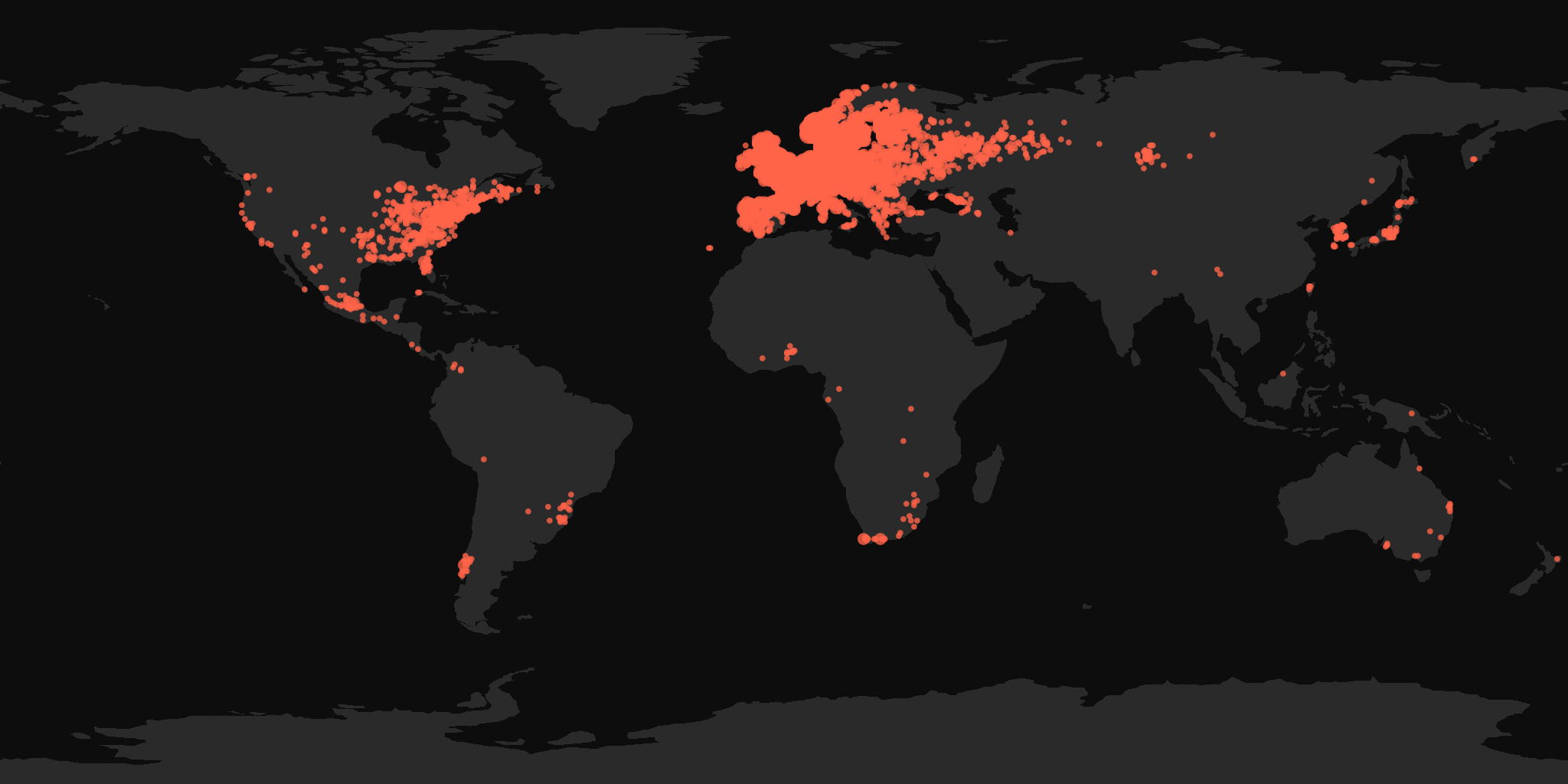 Global distribution map showing reported sightings