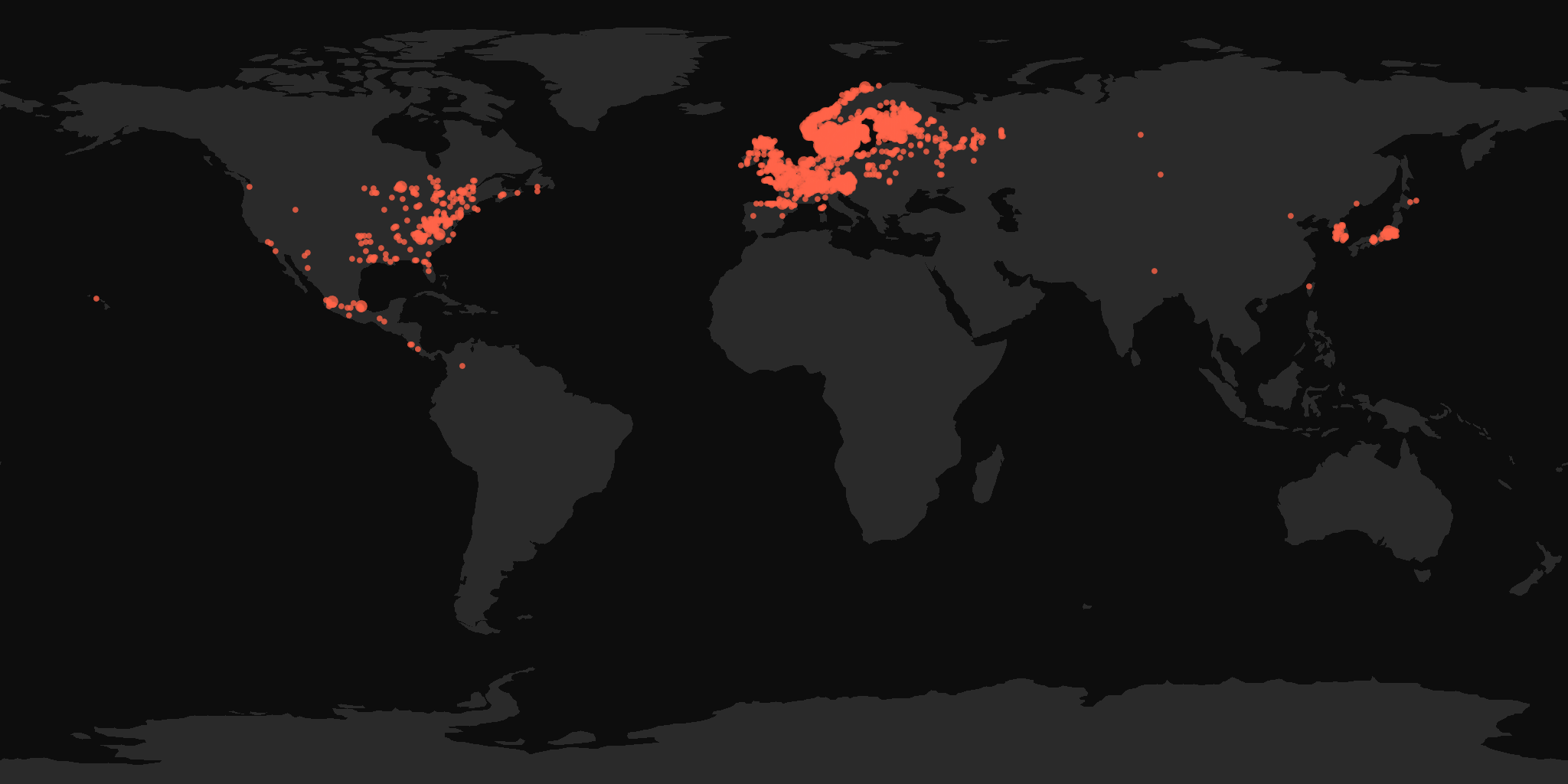 Global distribution map showing reported sightings