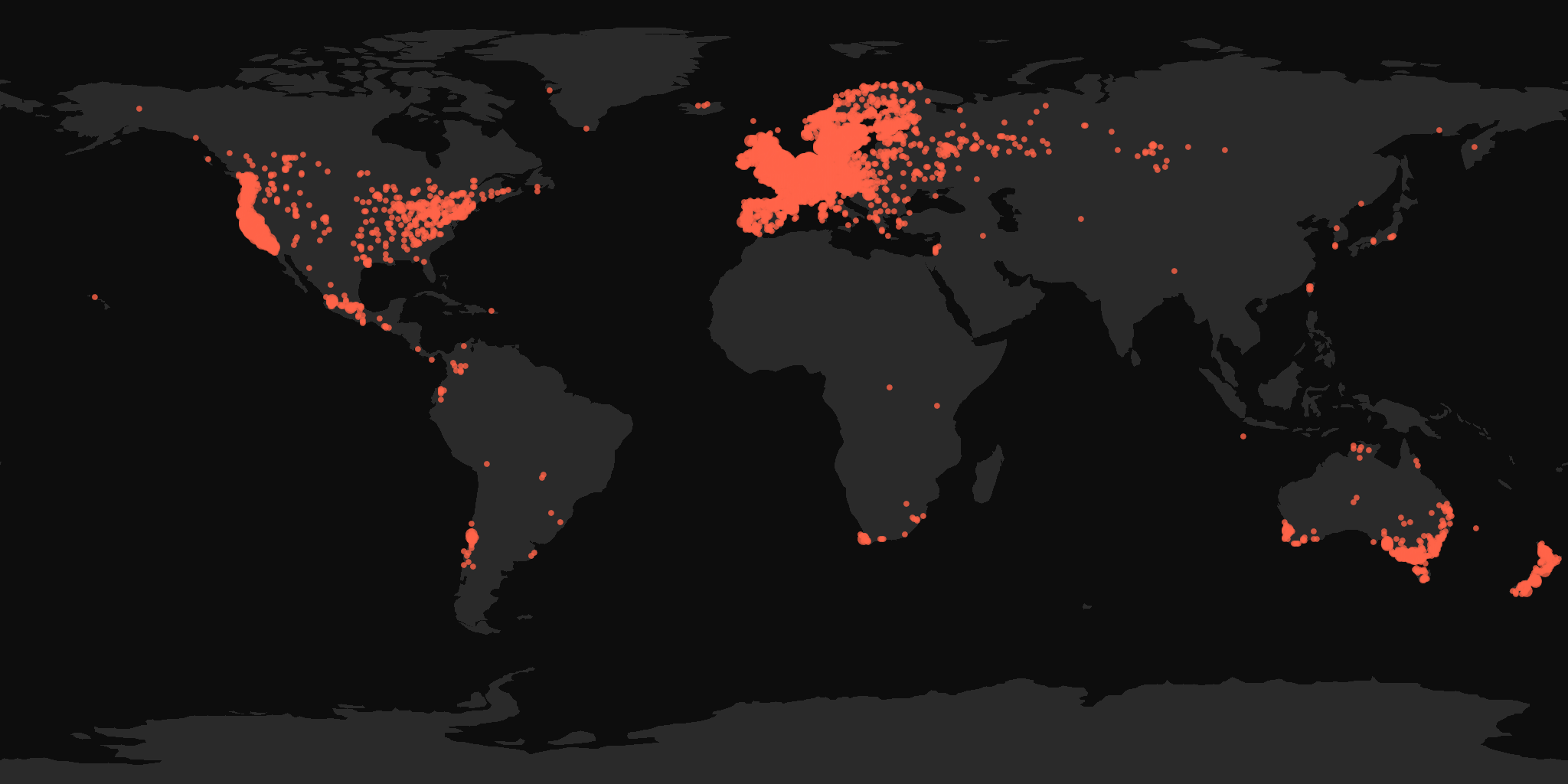 Global distribution map showing reported sightings