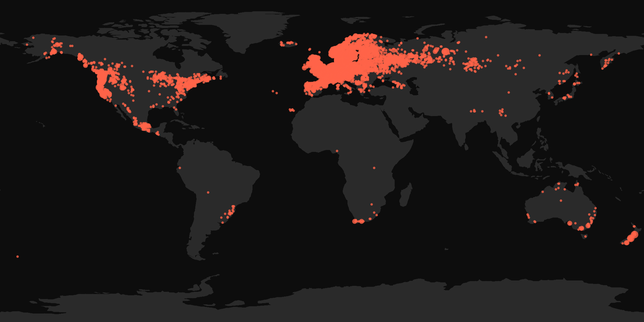 Global distribution map showing reported sightings