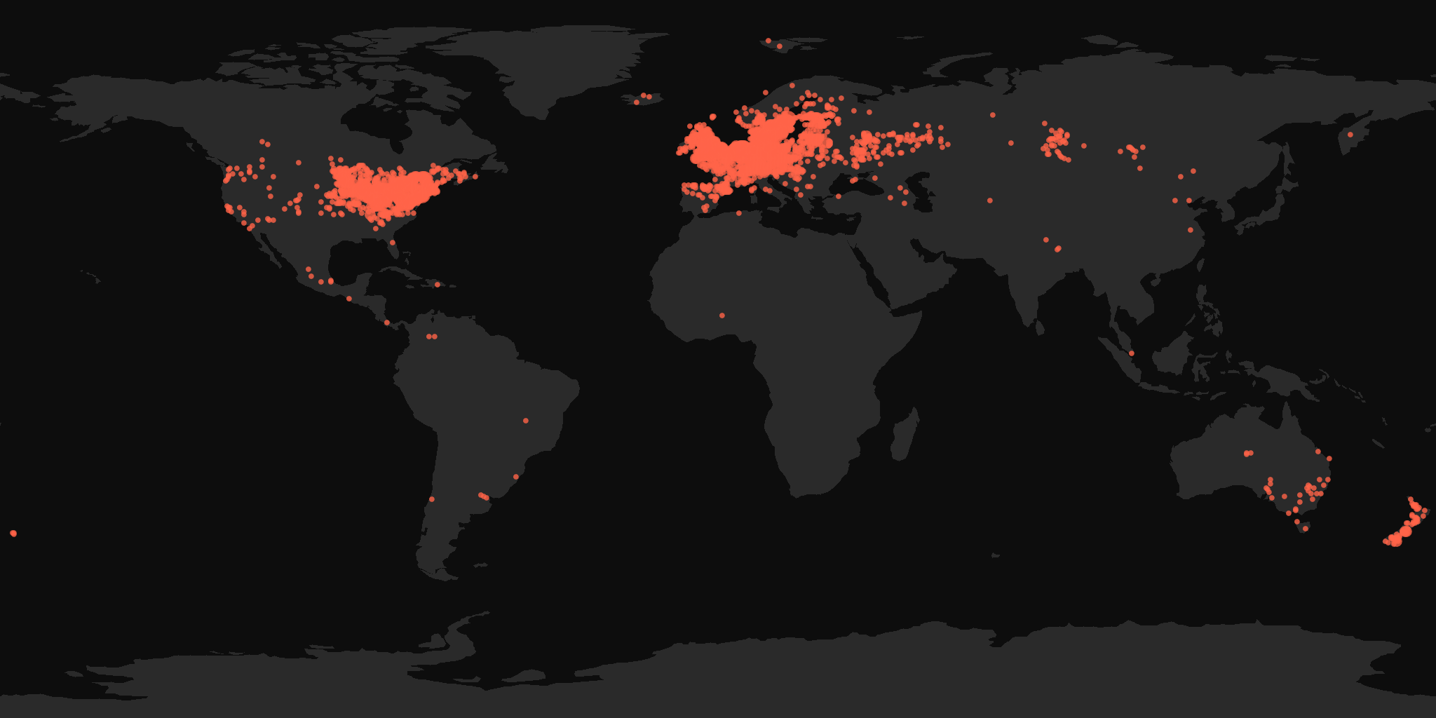 Global distribution map showing reported sightings