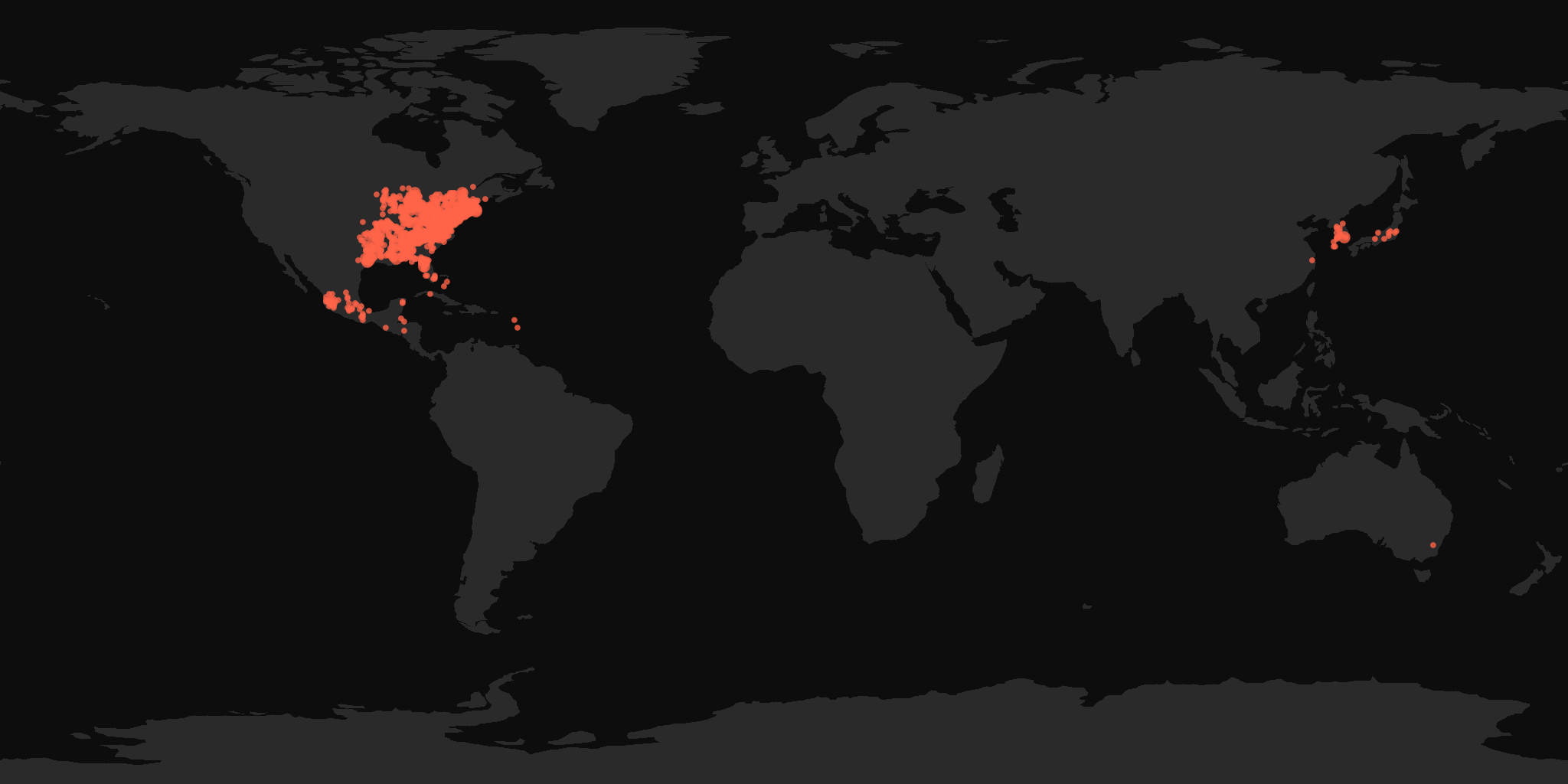Global distribution map showing reported sightings