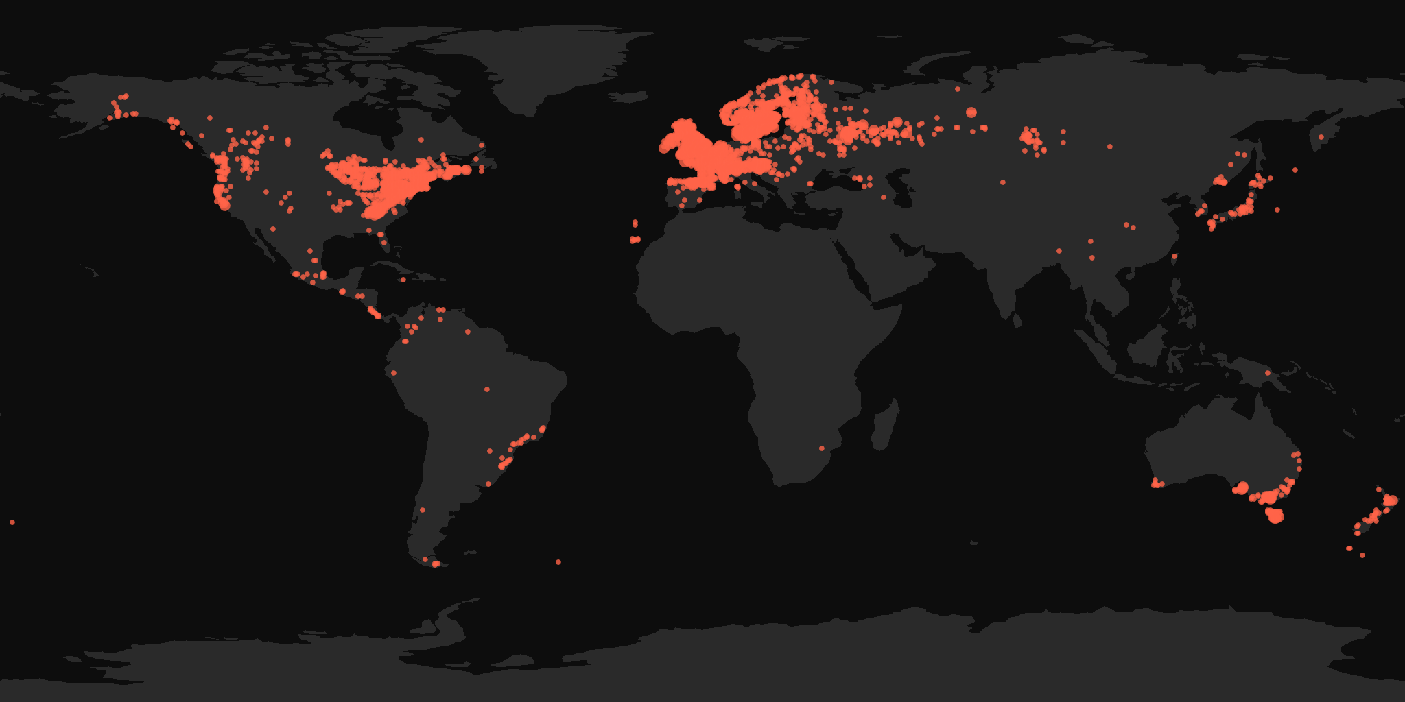 Global distribution map showing reported sightings