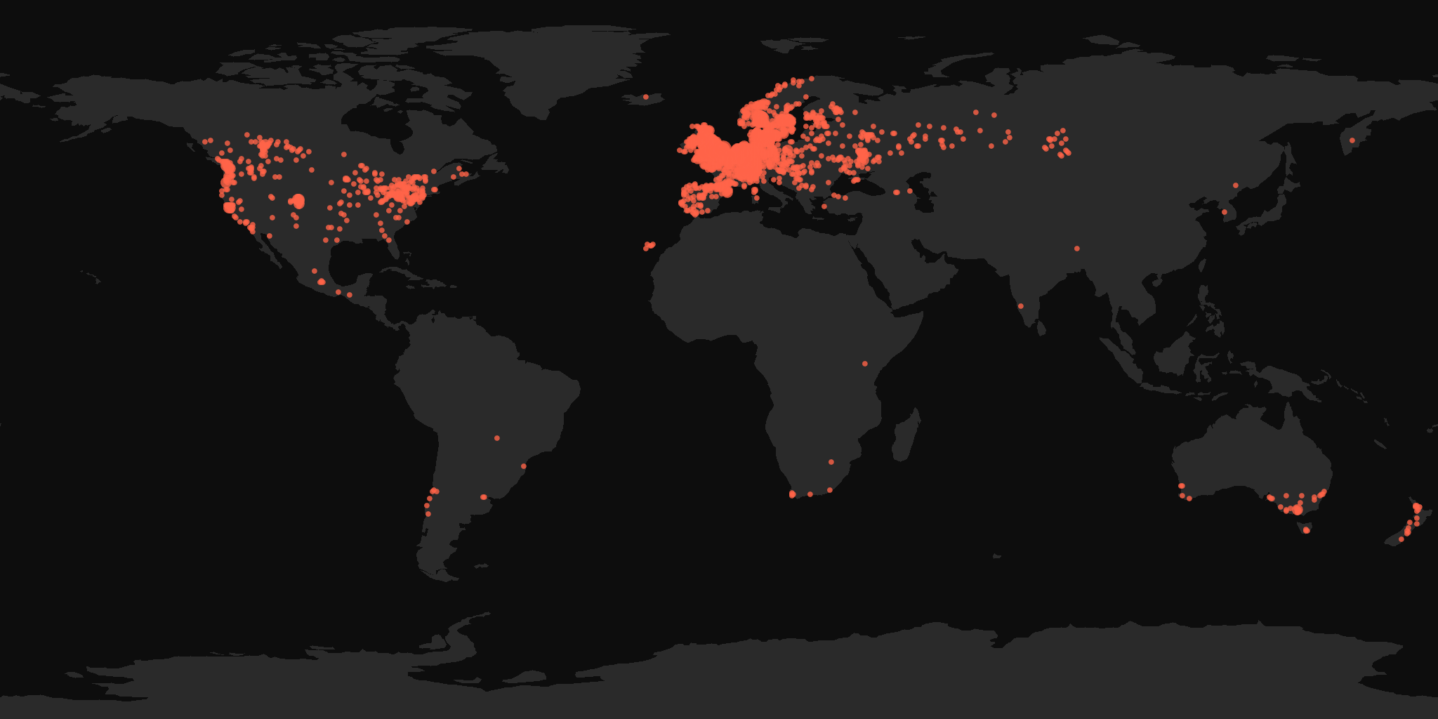 Global distribution map showing reported sightings