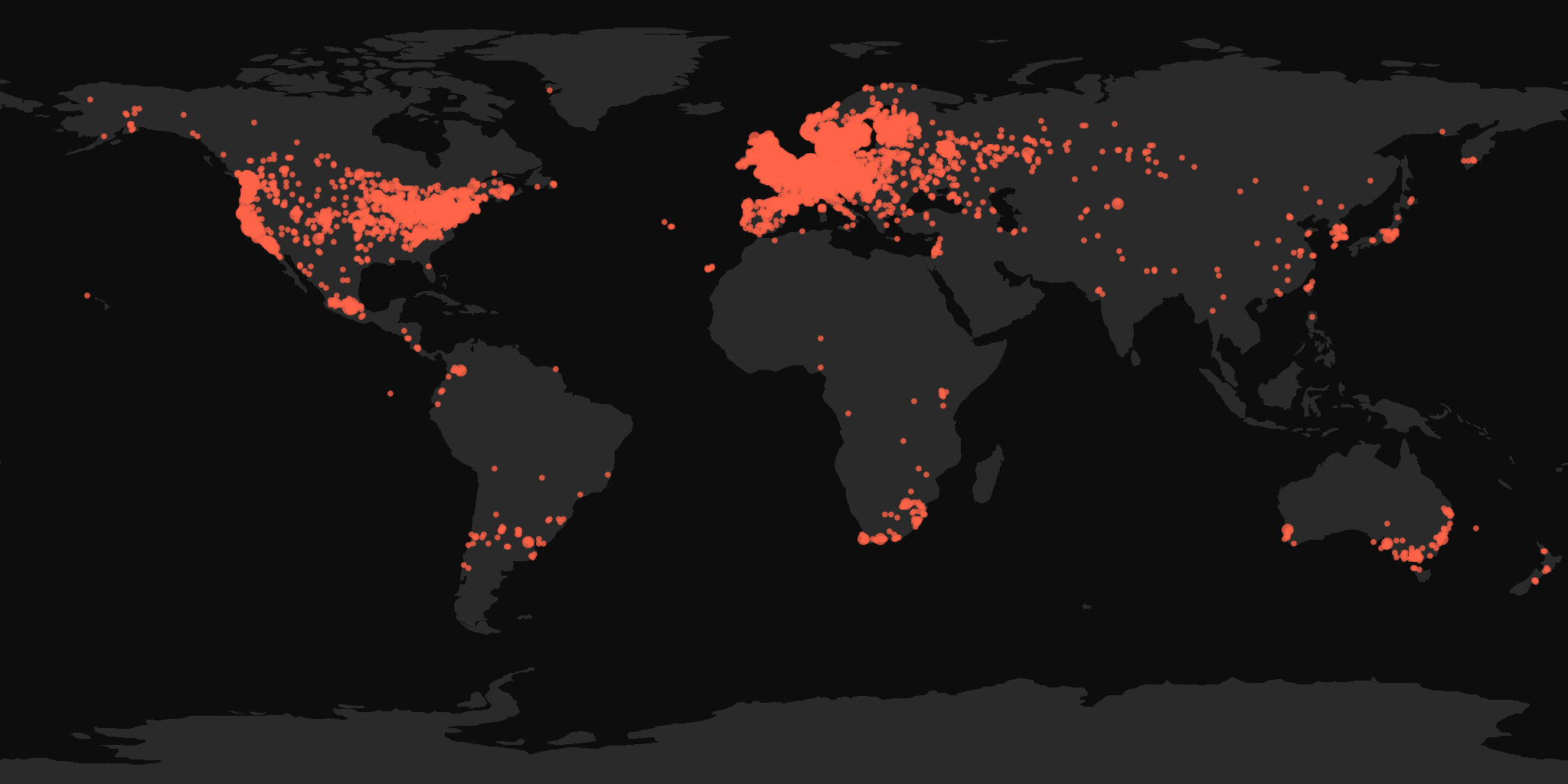 Global distribution map showing reported sightings