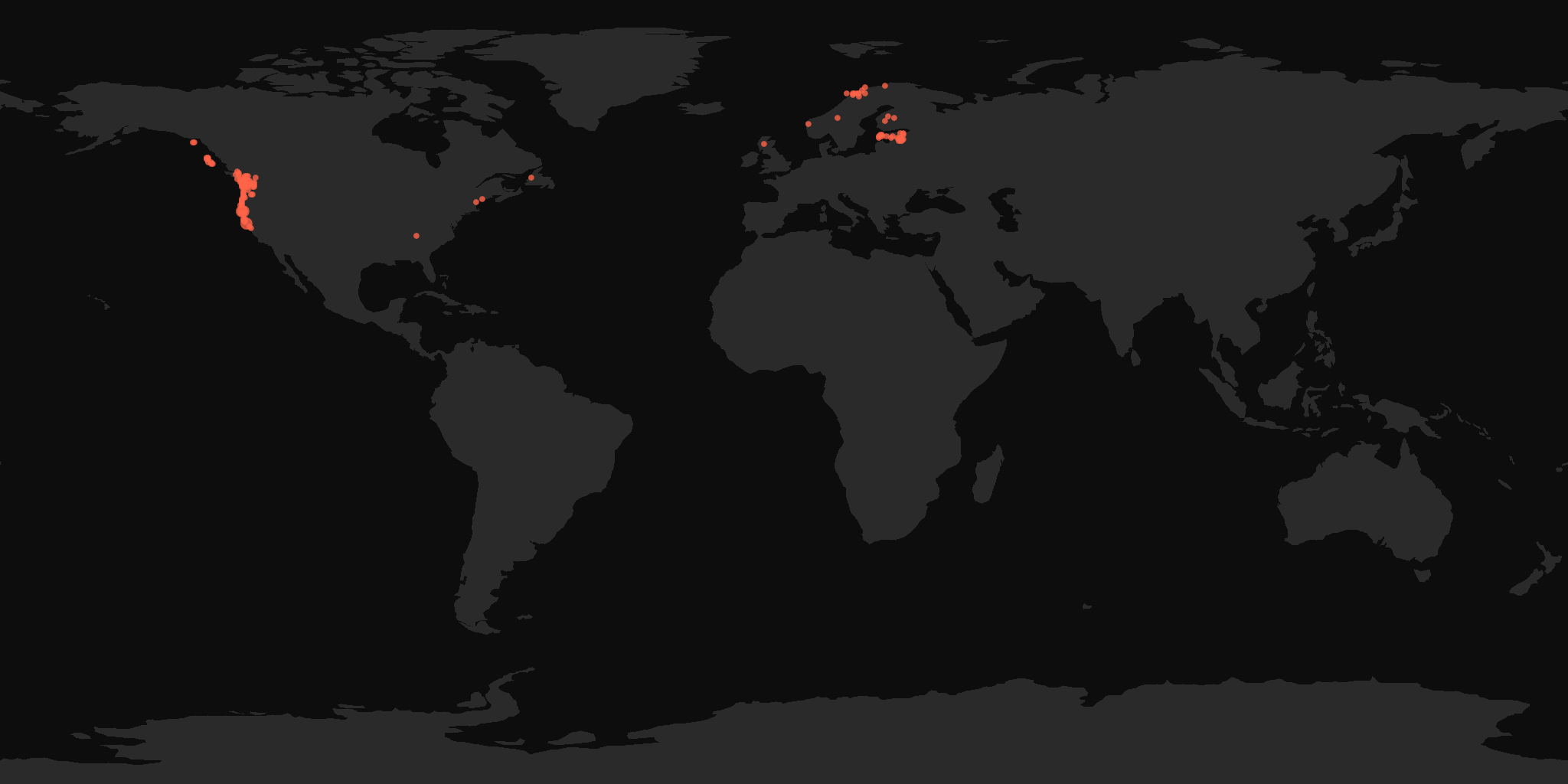 Global distribution map showing reported sightings