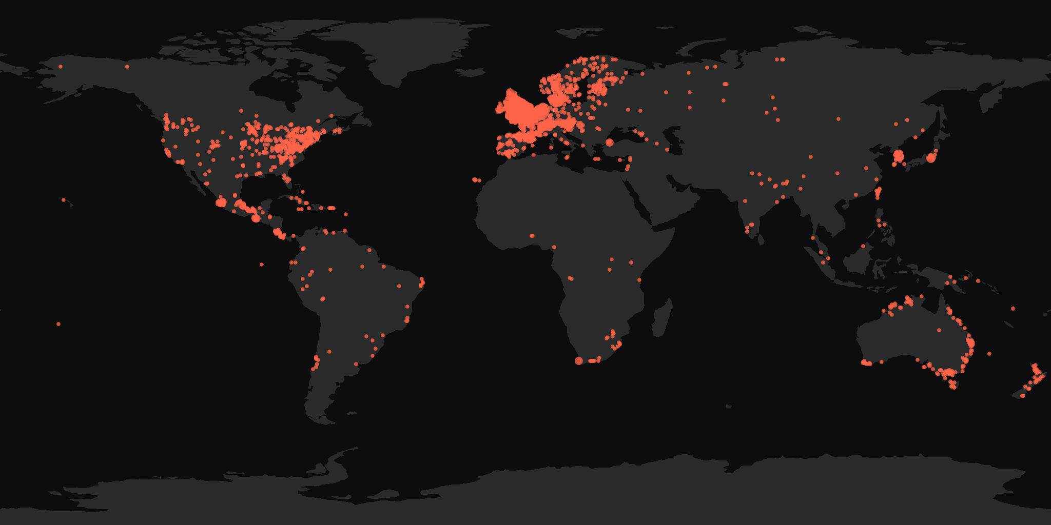 Global distribution map showing reported sightings