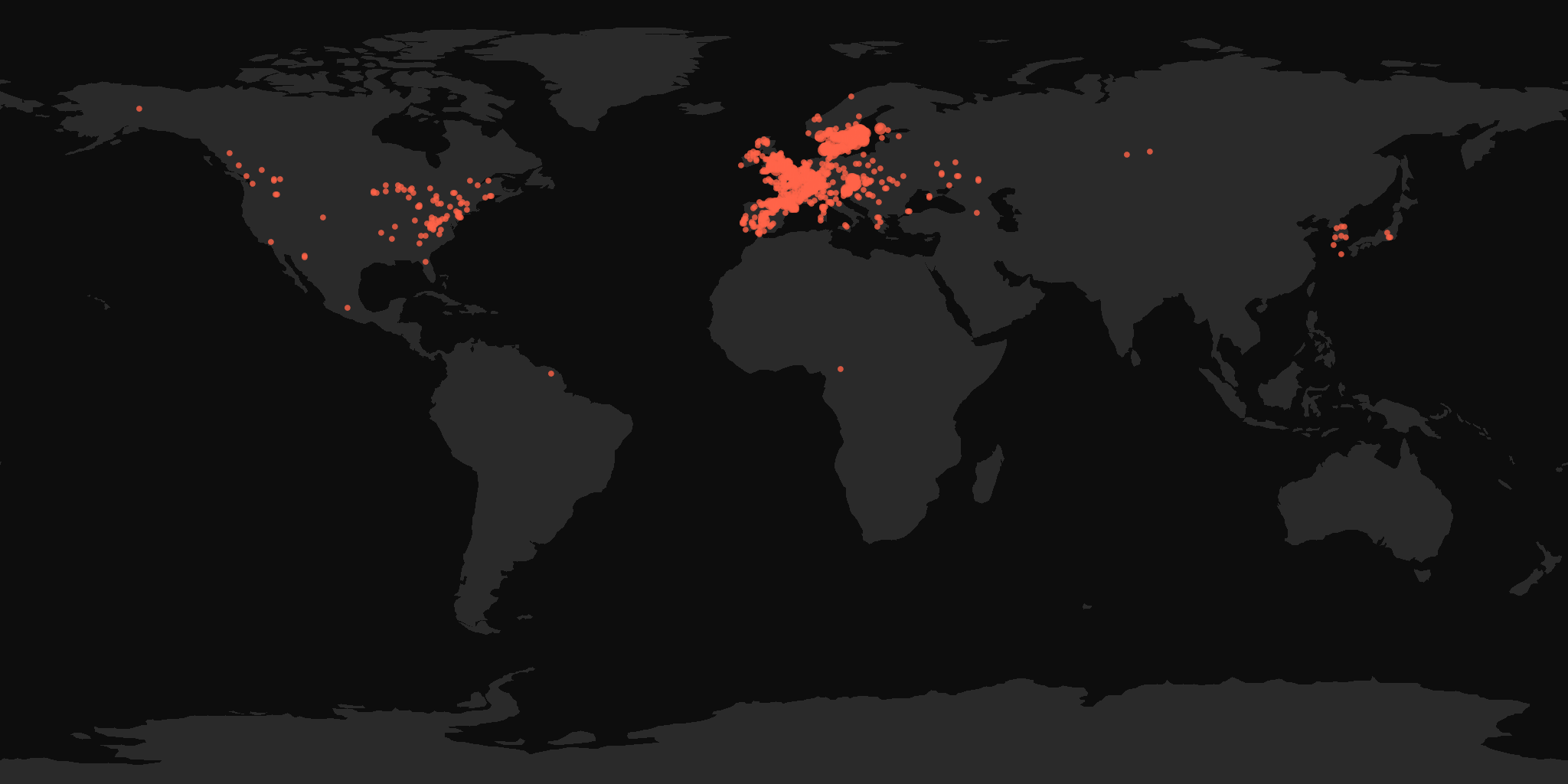 Global distribution map showing reported sightings