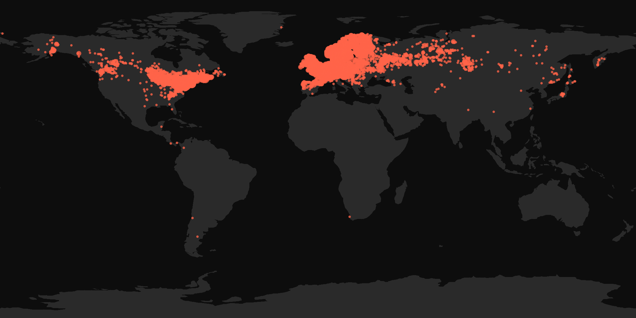 Global distribution map showing reported sightings