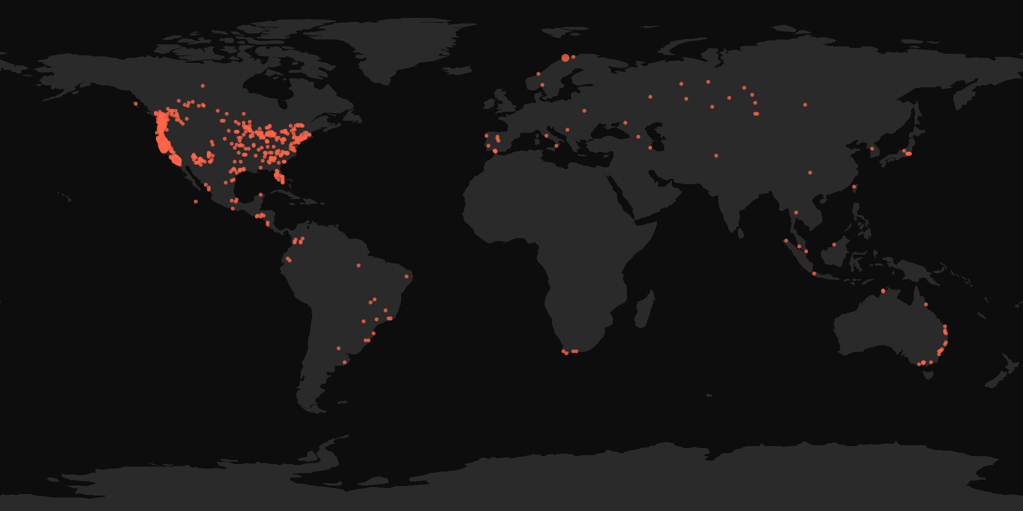 Global distribution map showing reported sightings