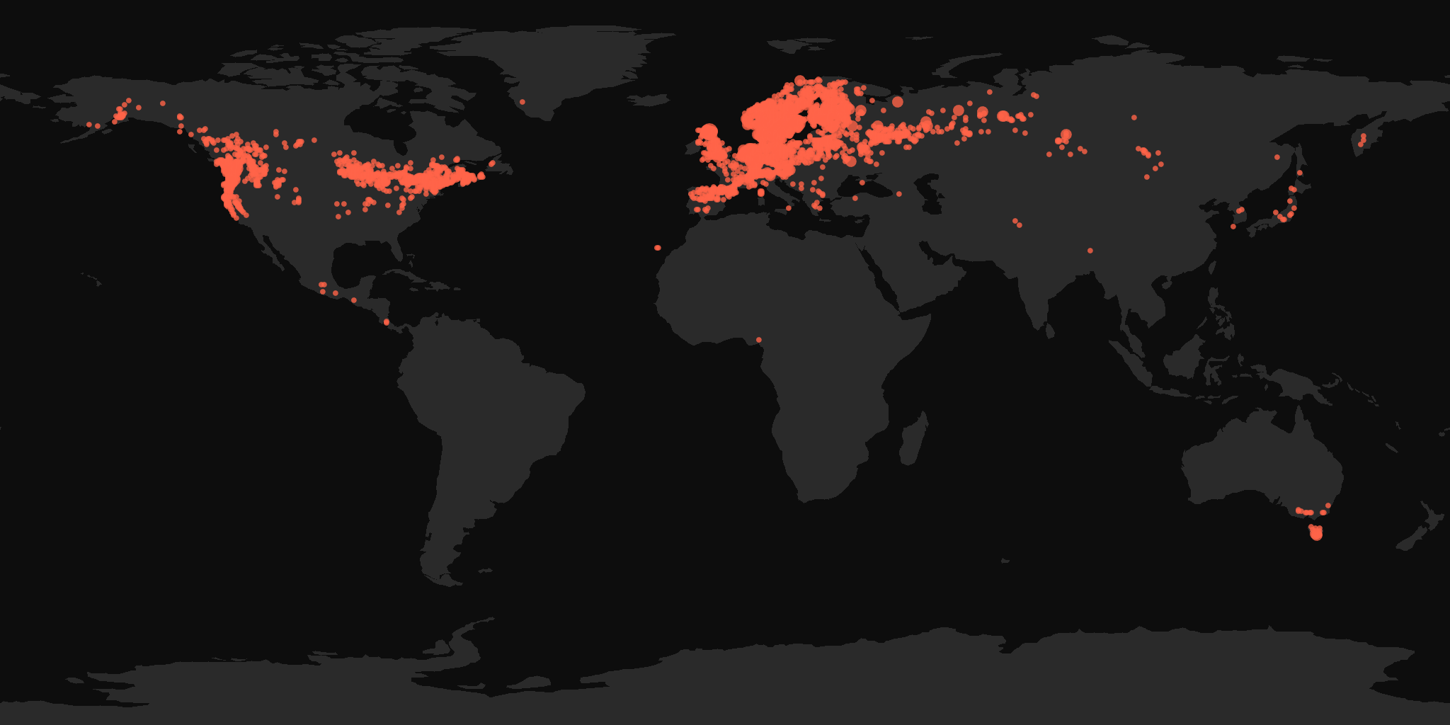Global distribution map showing reported sightings