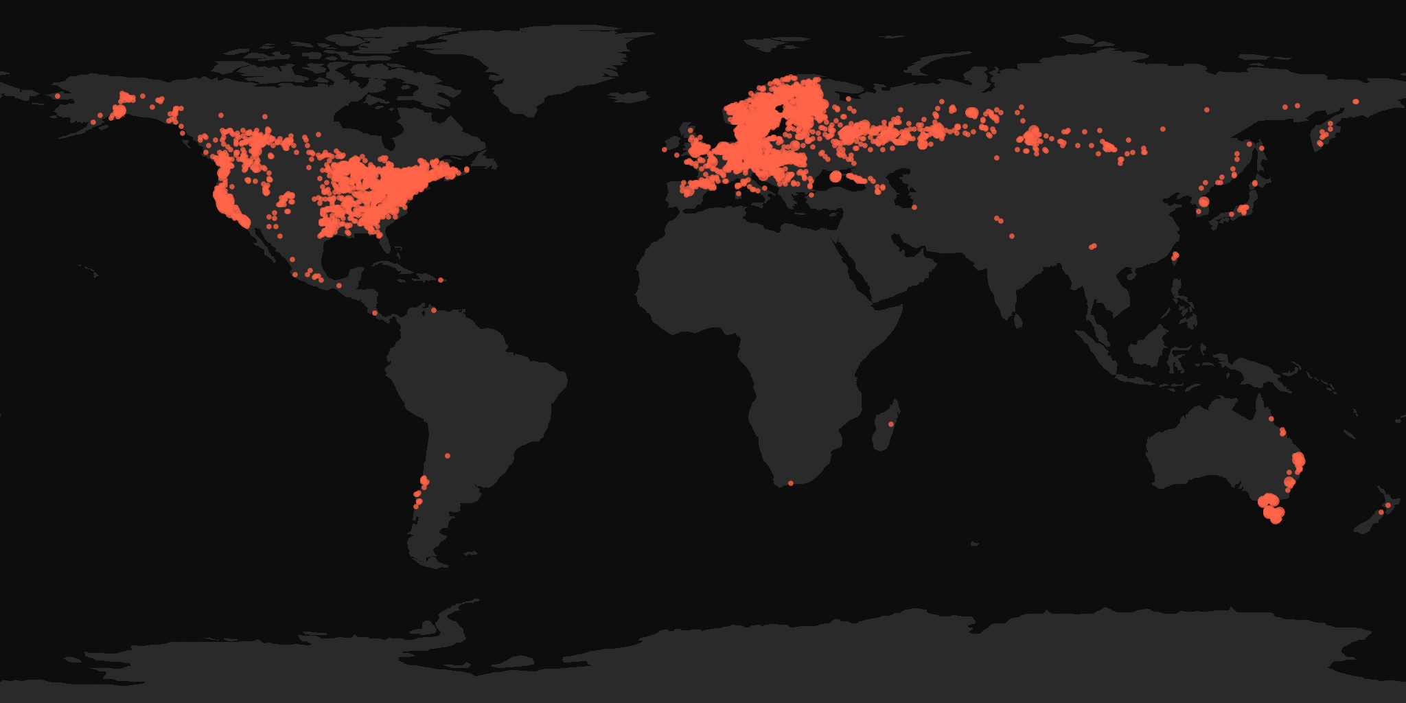 Global distribution map showing reported sightings
