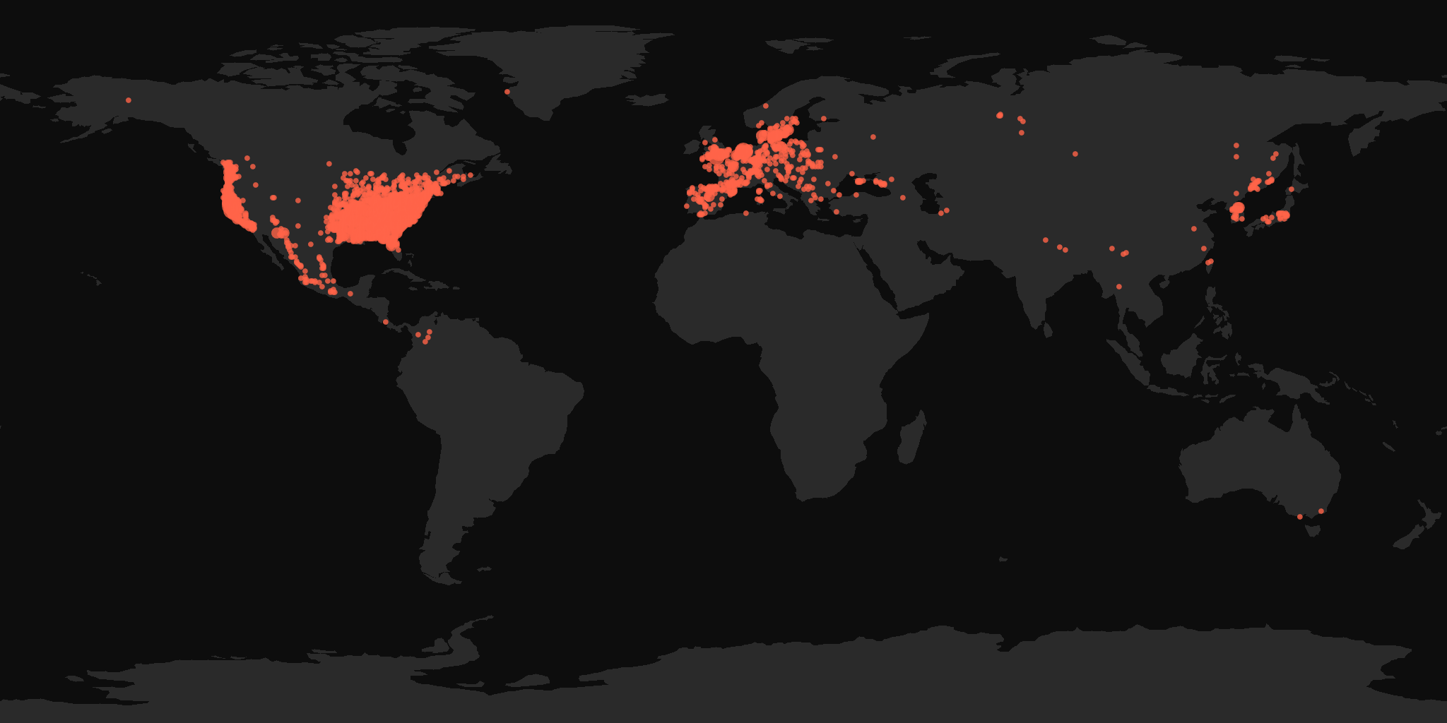 Global distribution map showing reported sightings