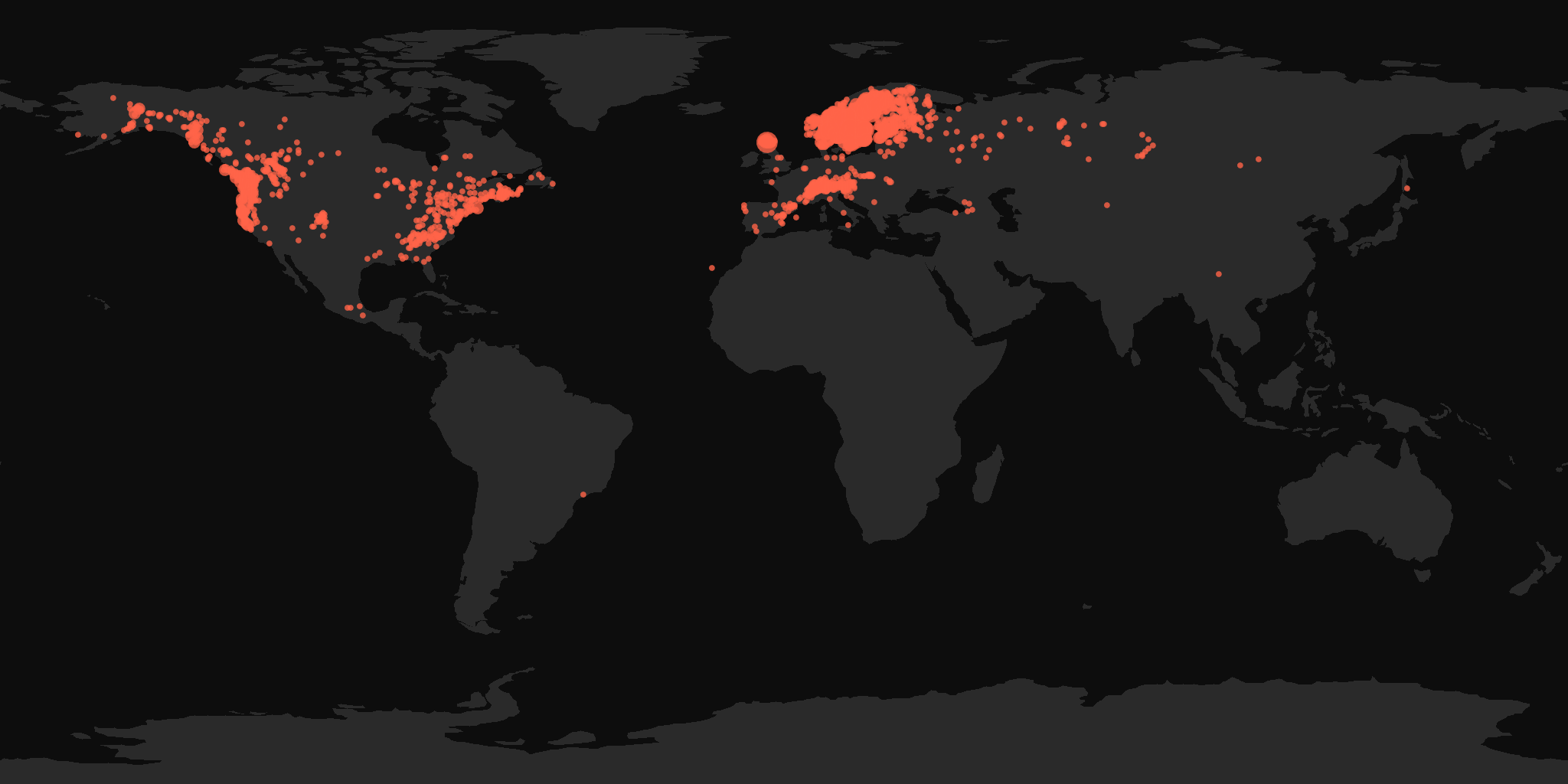 Global distribution map showing reported sightings