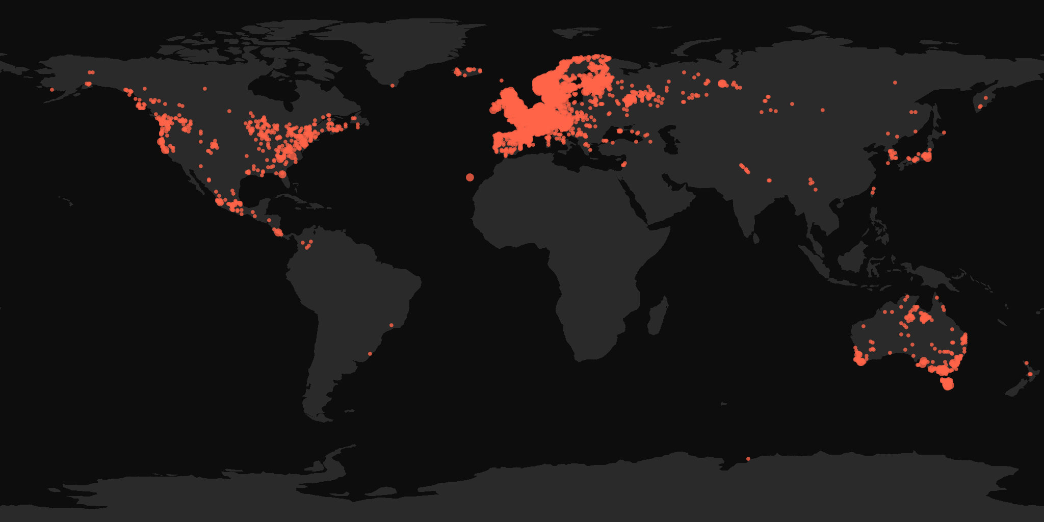 Global distribution map showing reported sightings