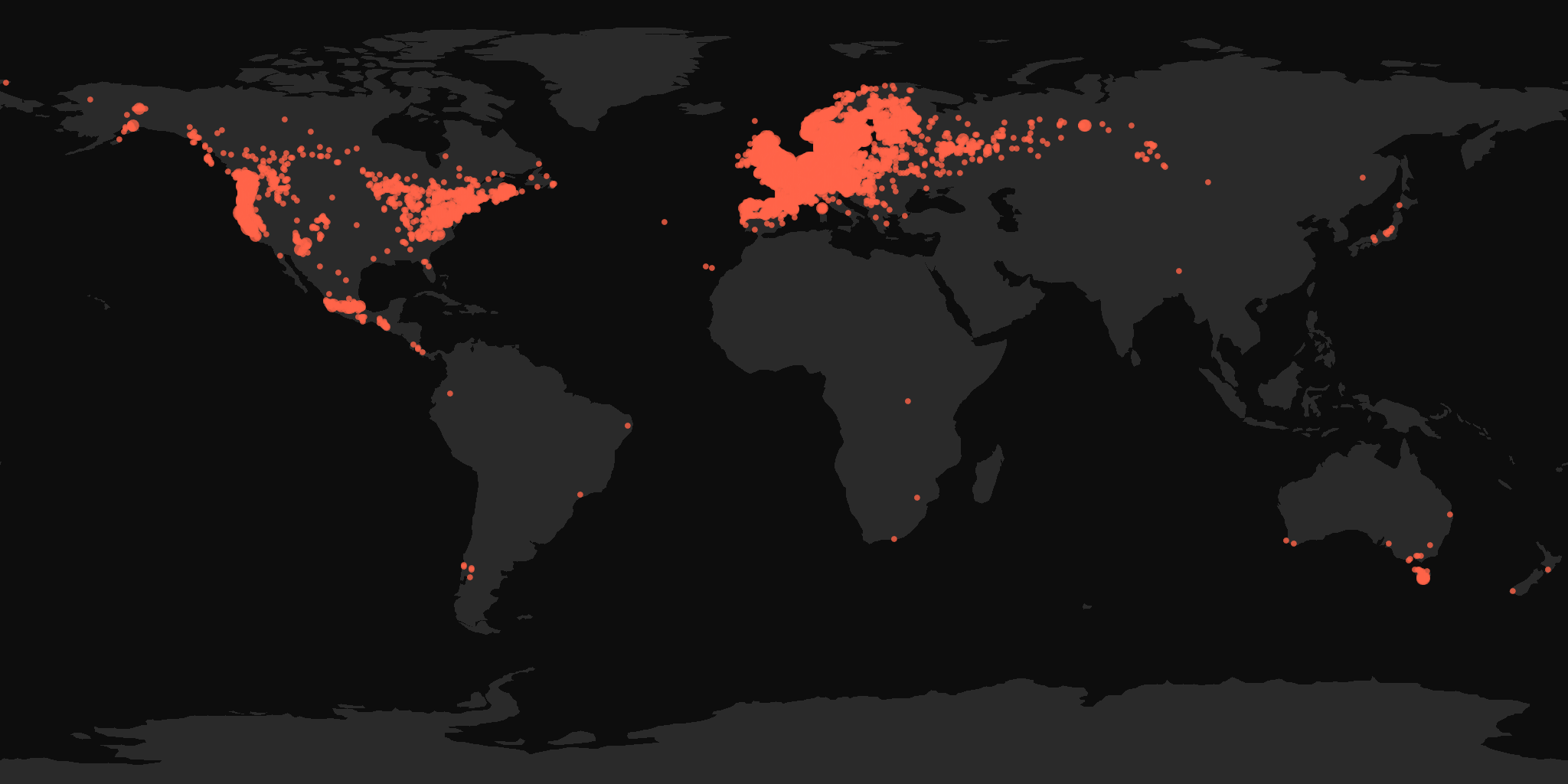 Global distribution map showing reported sightings