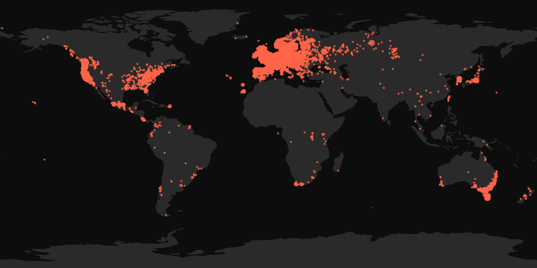 Global distribution map showing reported sightings