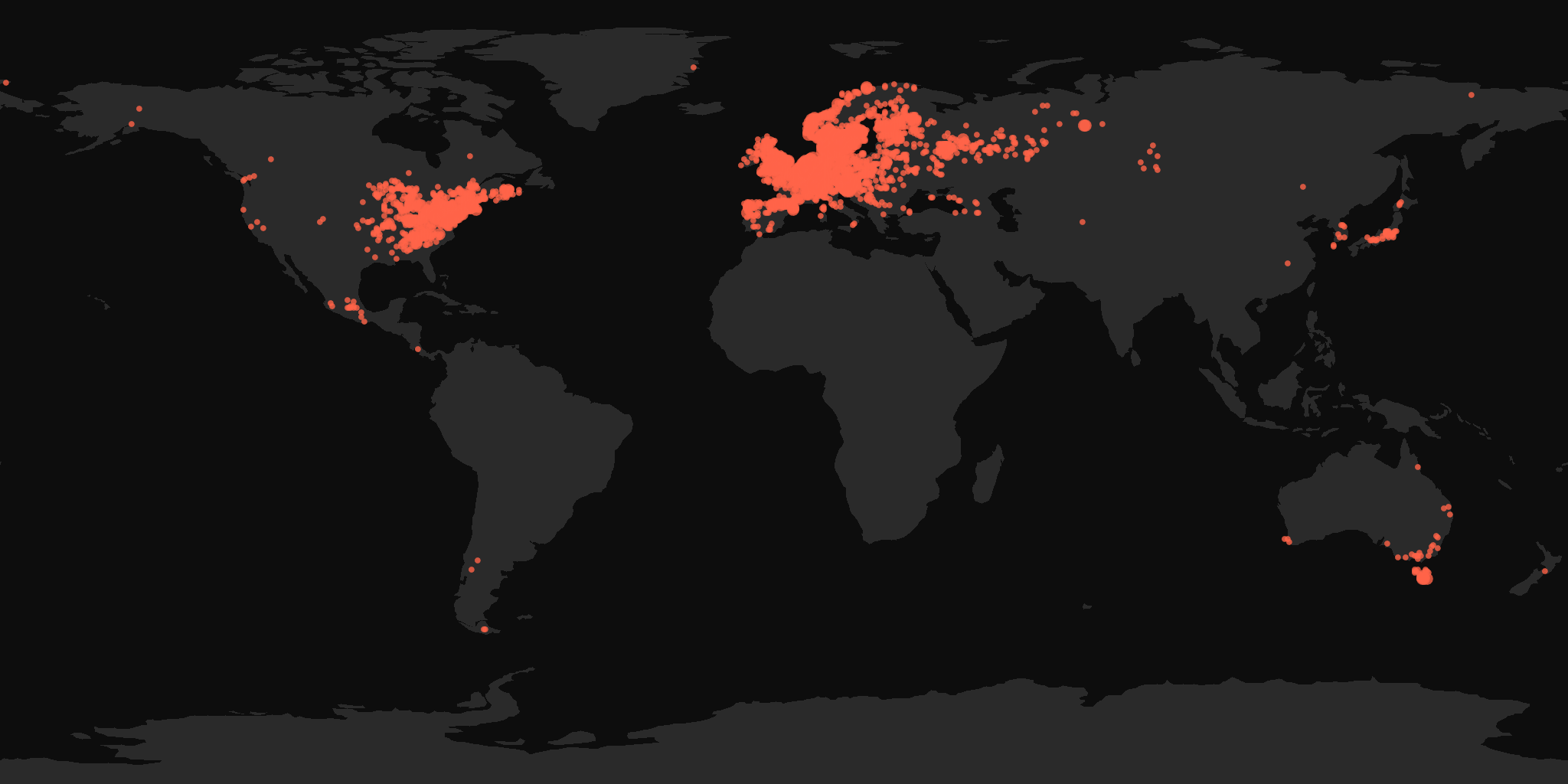 Global distribution map showing reported sightings