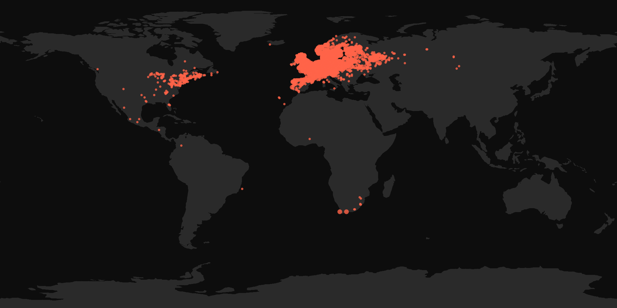 Global distribution map showing reported sightings
