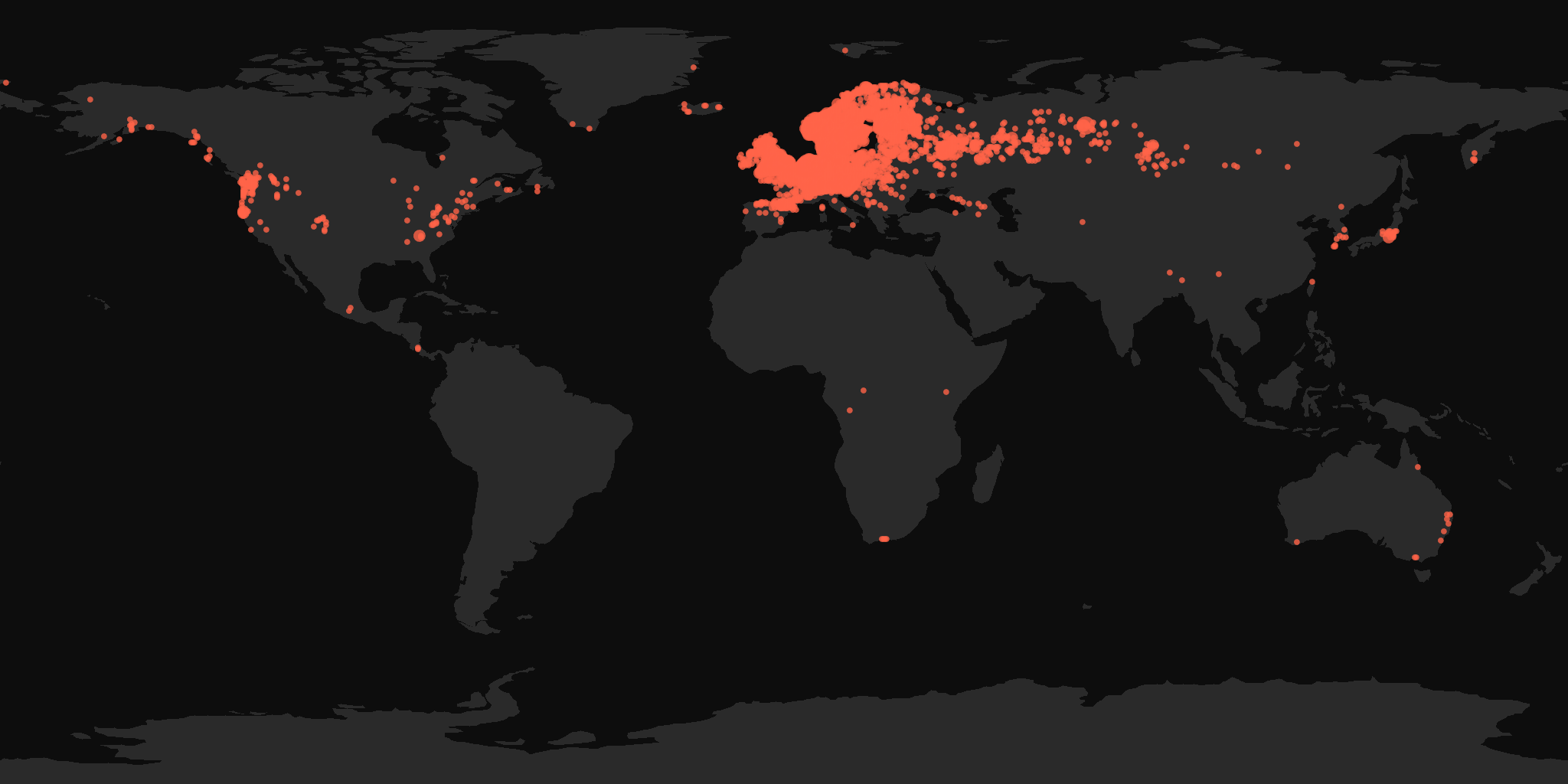 Global distribution map showing reported sightings