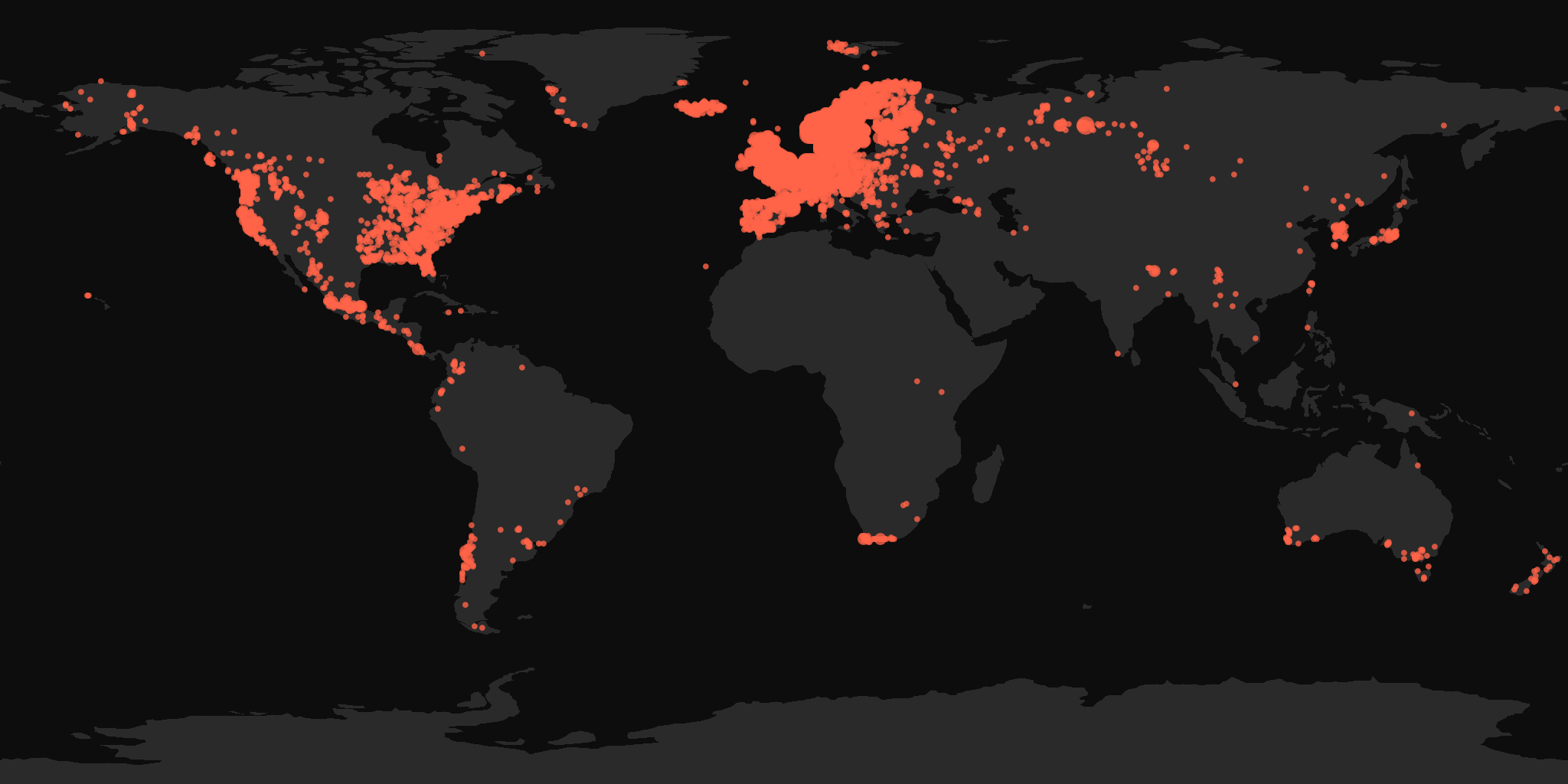 Global distribution map showing reported sightings