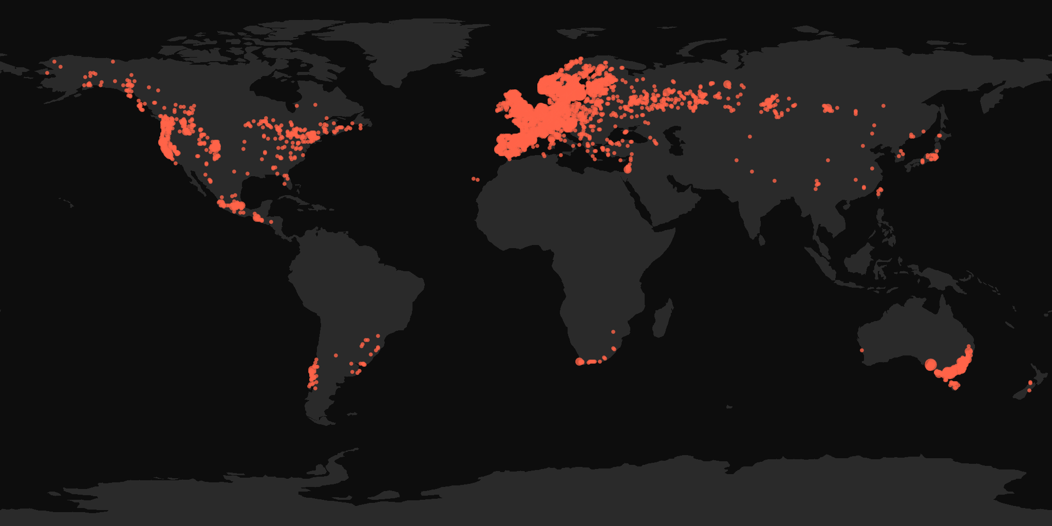 Global distribution map showing reported sightings