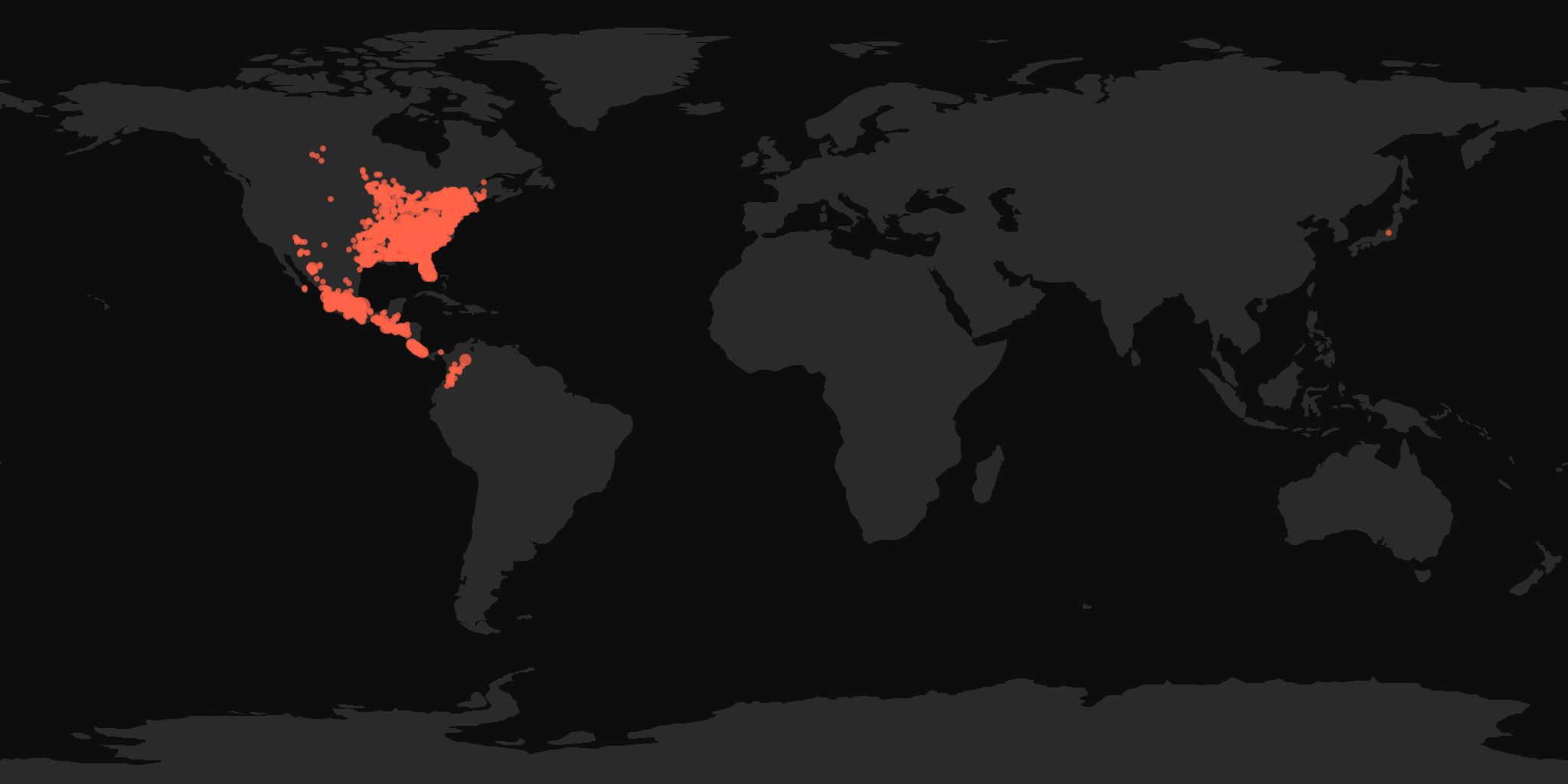 Global distribution map showing reported sightings