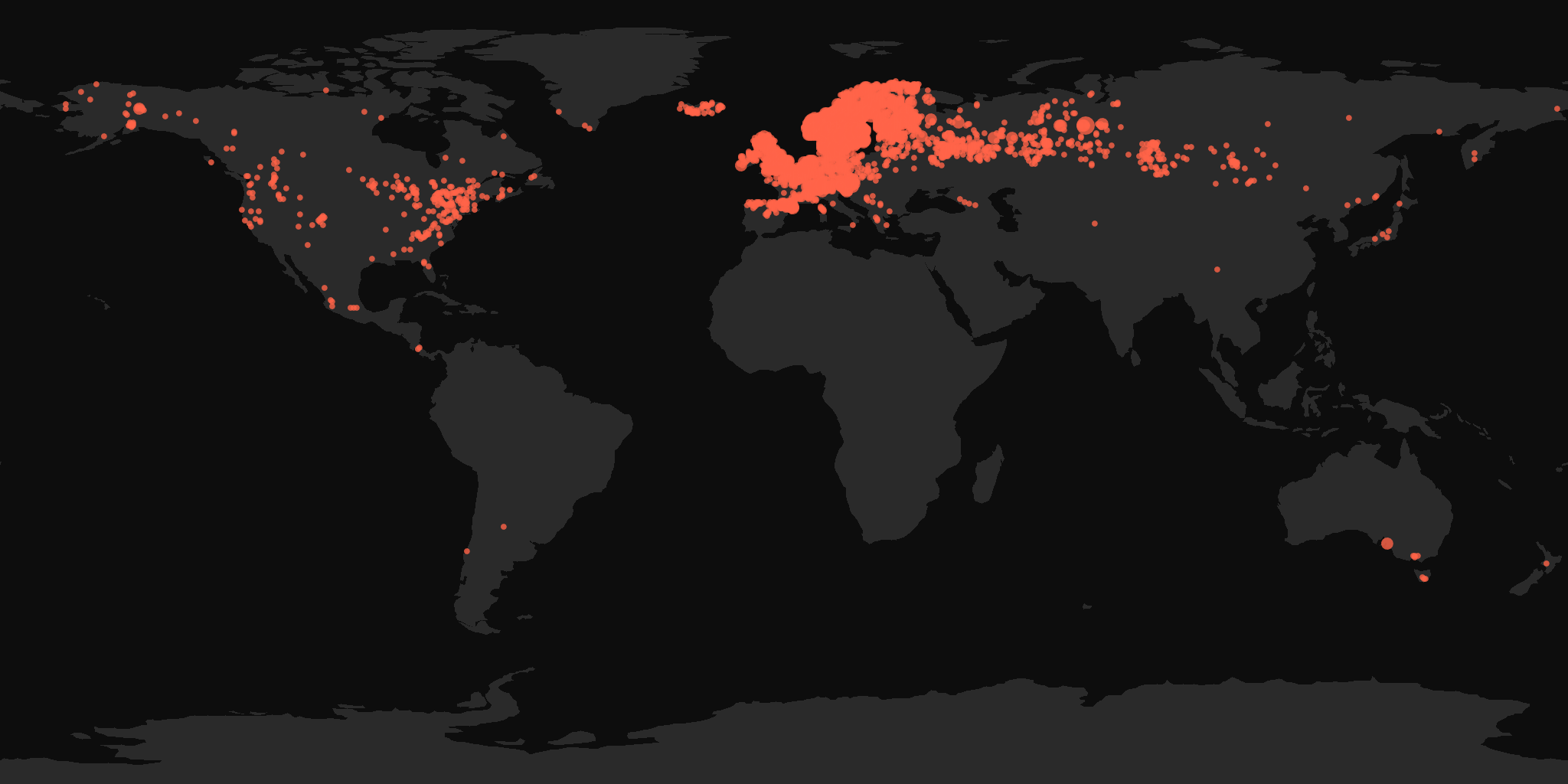 Global distribution map showing reported sightings