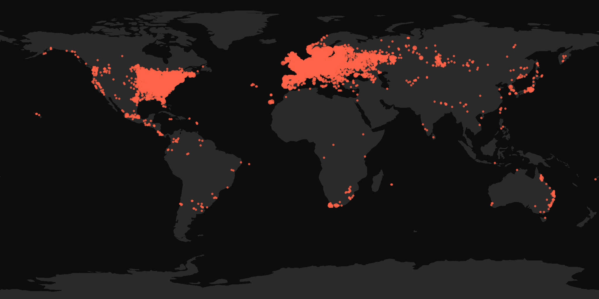 Global distribution map showing reported sightings
