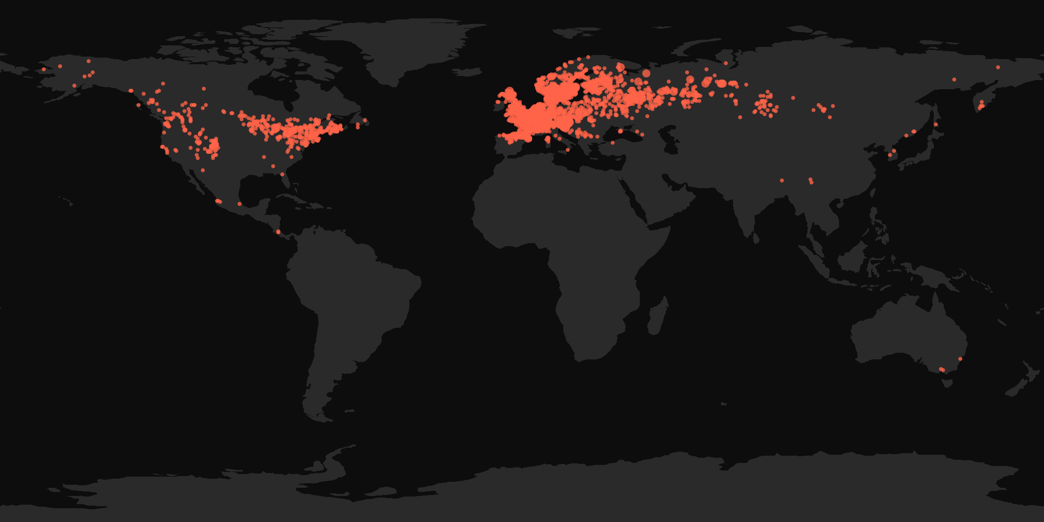 Global distribution map showing reported sightings