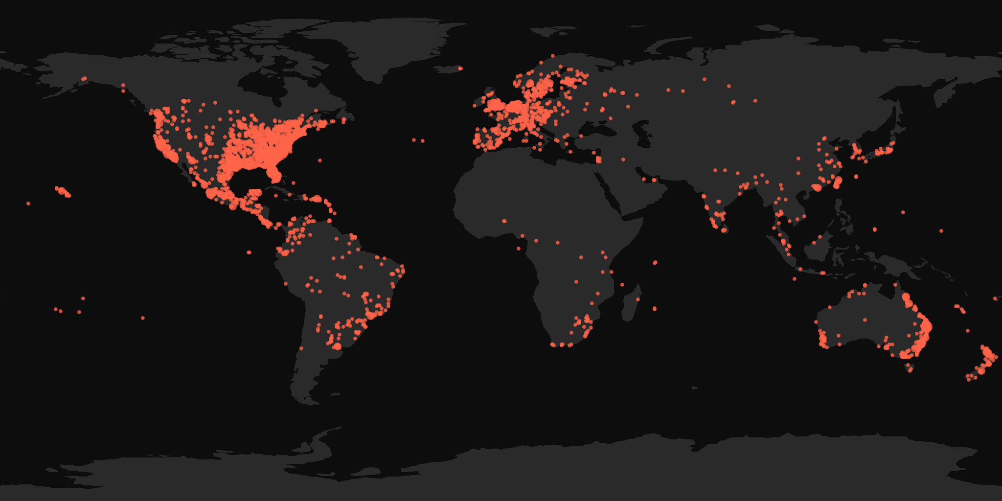 Global distribution map showing reported sightings