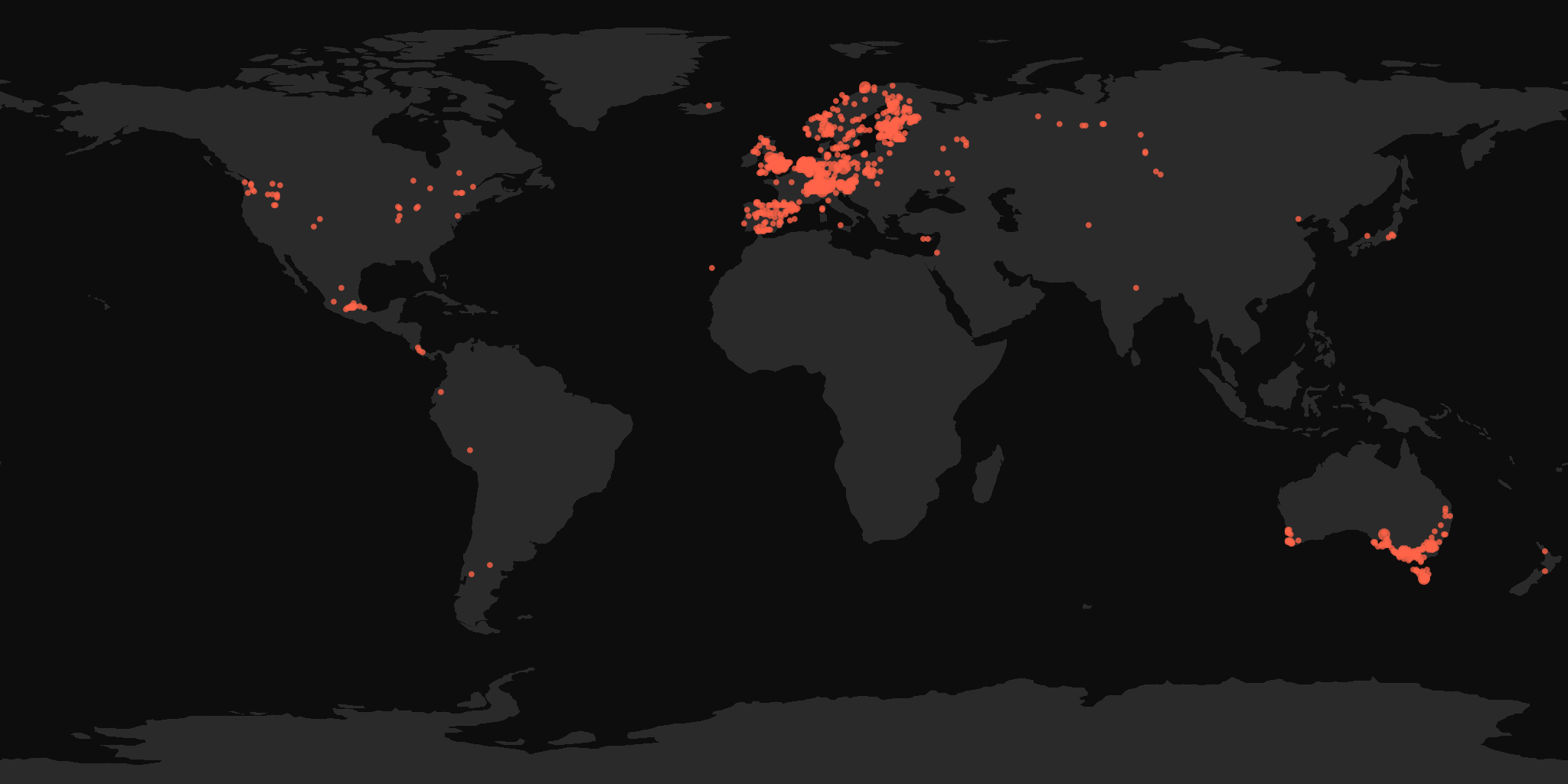 Global distribution map showing reported sightings