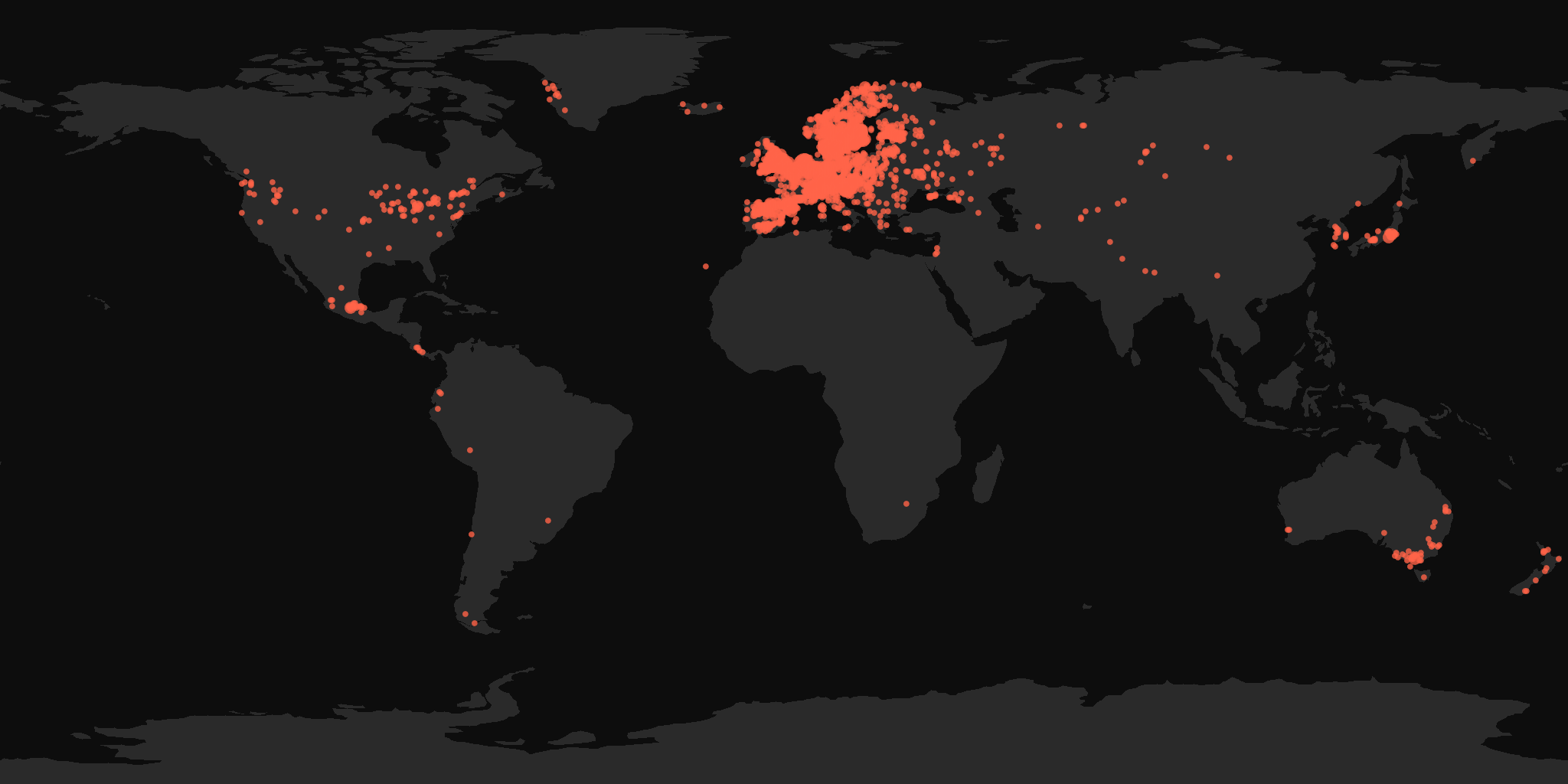 Global distribution map showing reported sightings