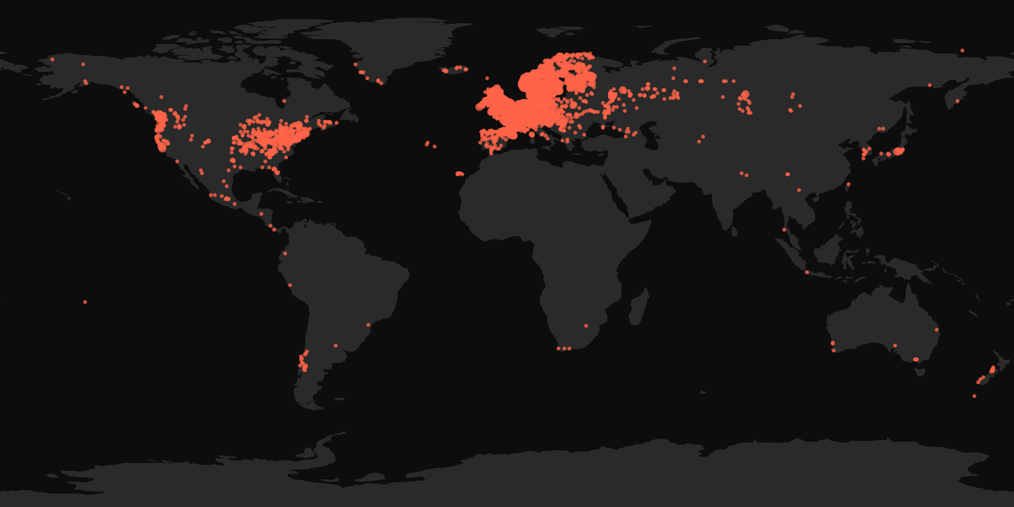 Global distribution map showing reported sightings