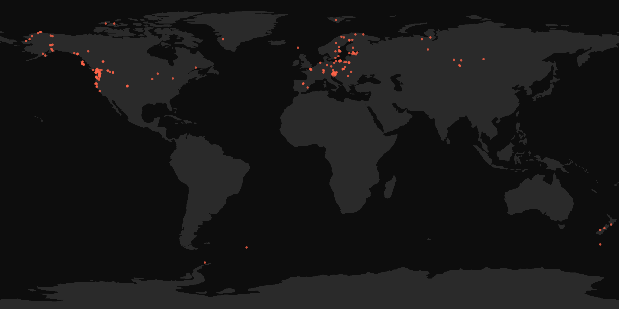 Global distribution map showing reported sightings