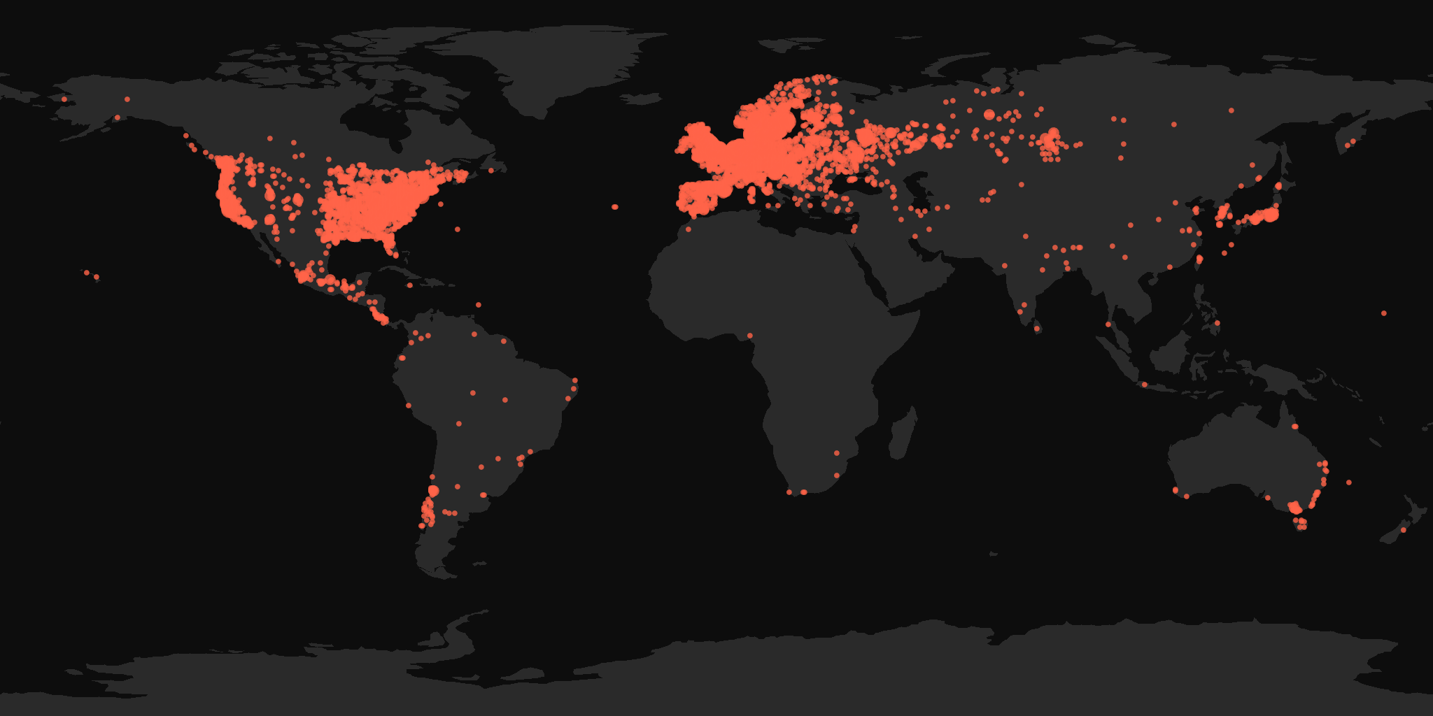 Global distribution map showing reported sightings