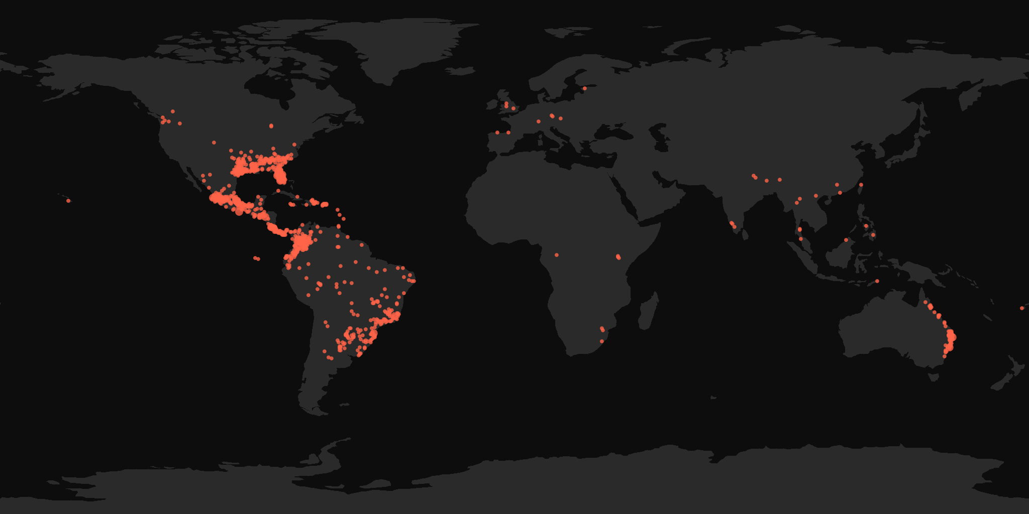Global distribution map showing reported sightings
