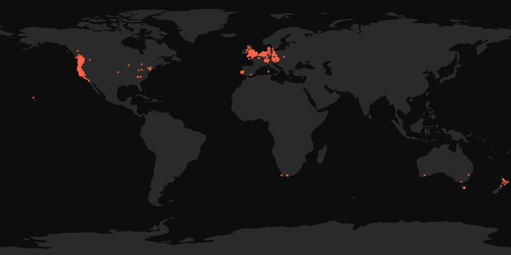 Global distribution map showing reported sightings