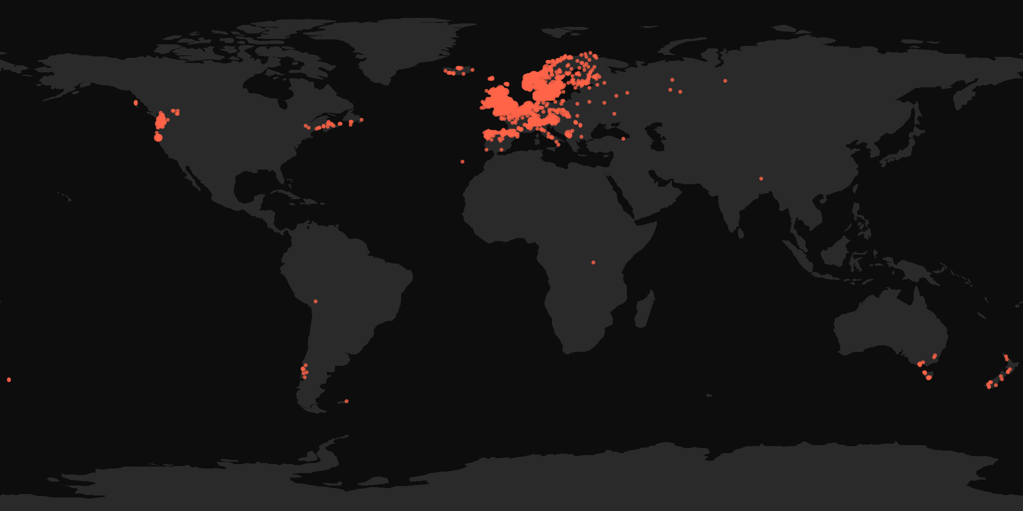 Global distribution map showing reported sightings