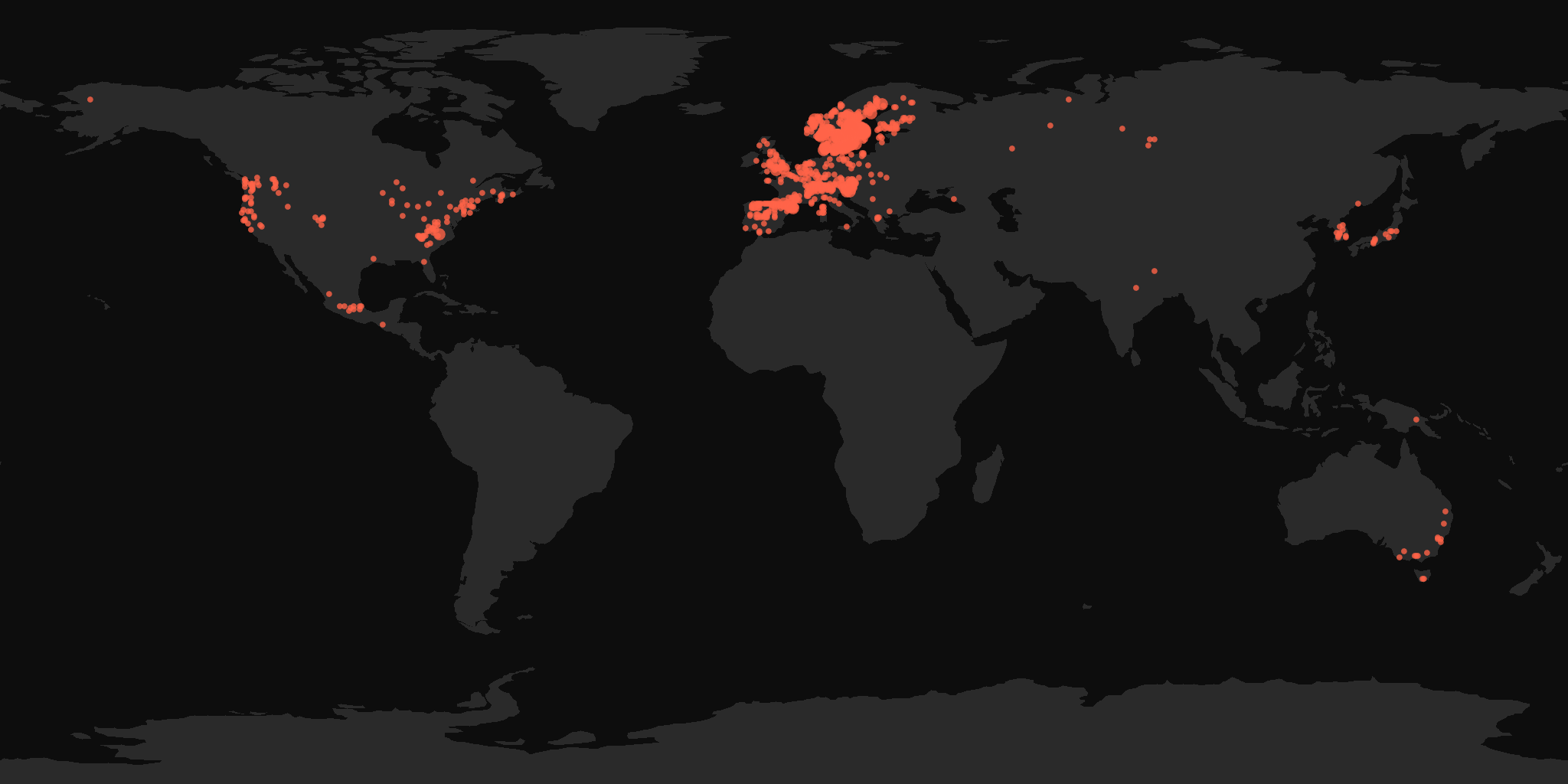 Global distribution map showing reported sightings