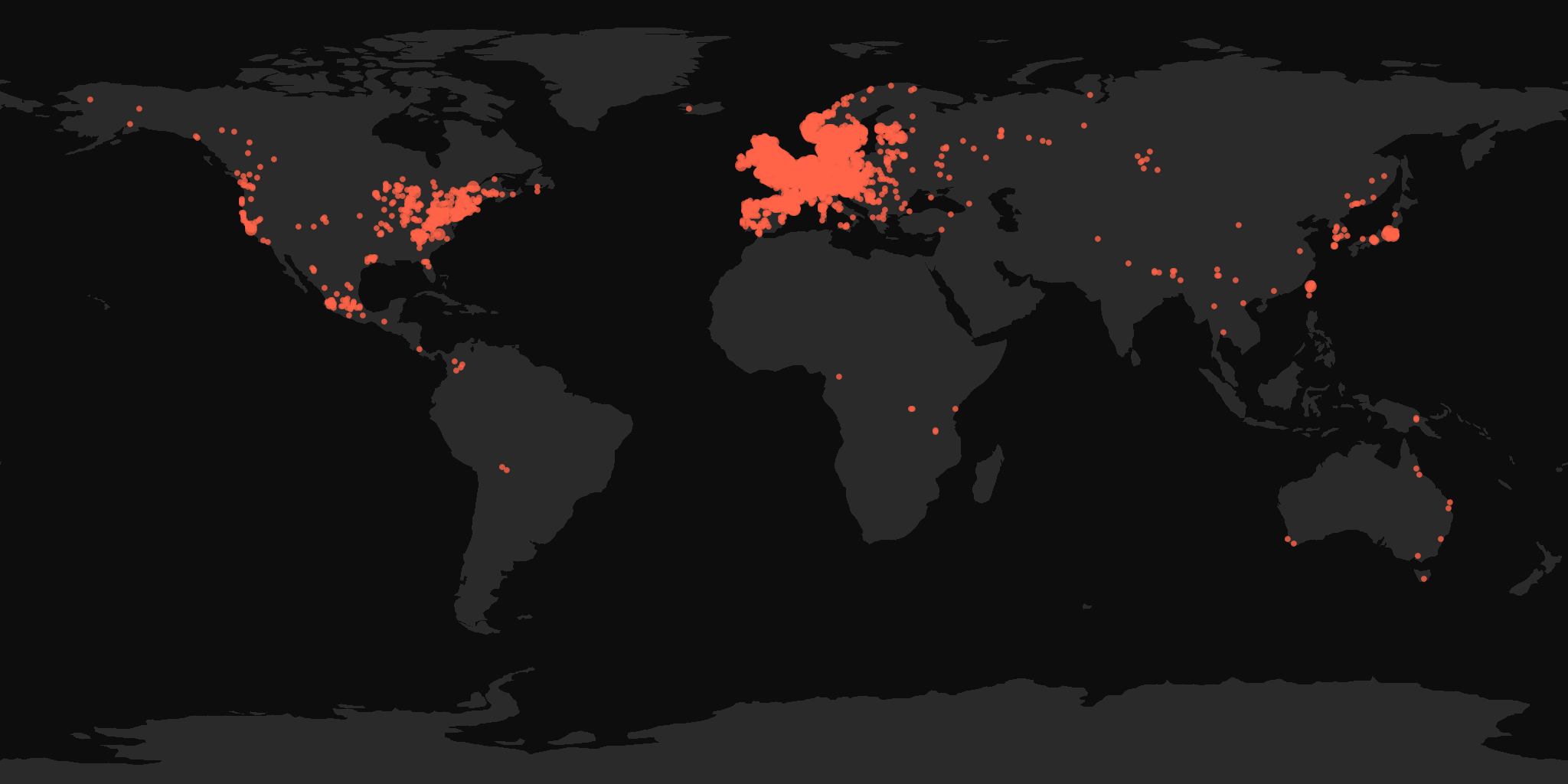 Global distribution map showing reported sightings