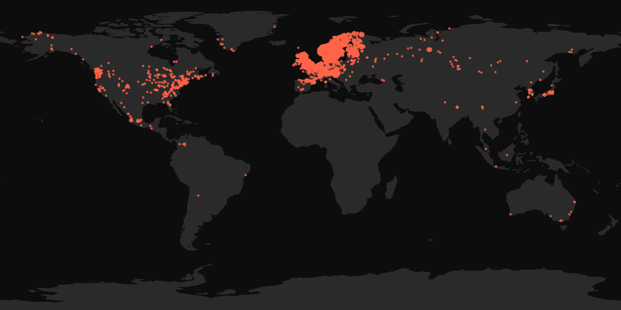 Global distribution map showing reported sightings