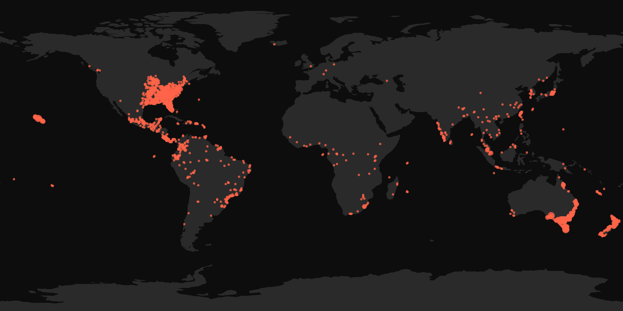 Global distribution map showing reported sightings