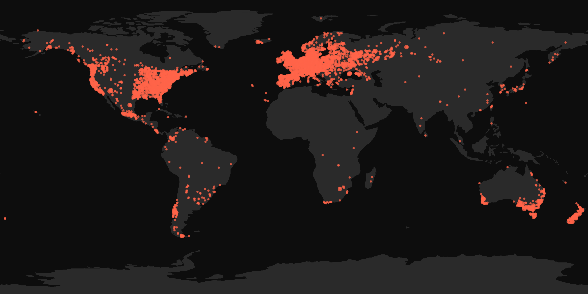 Global distribution map showing reported sightings